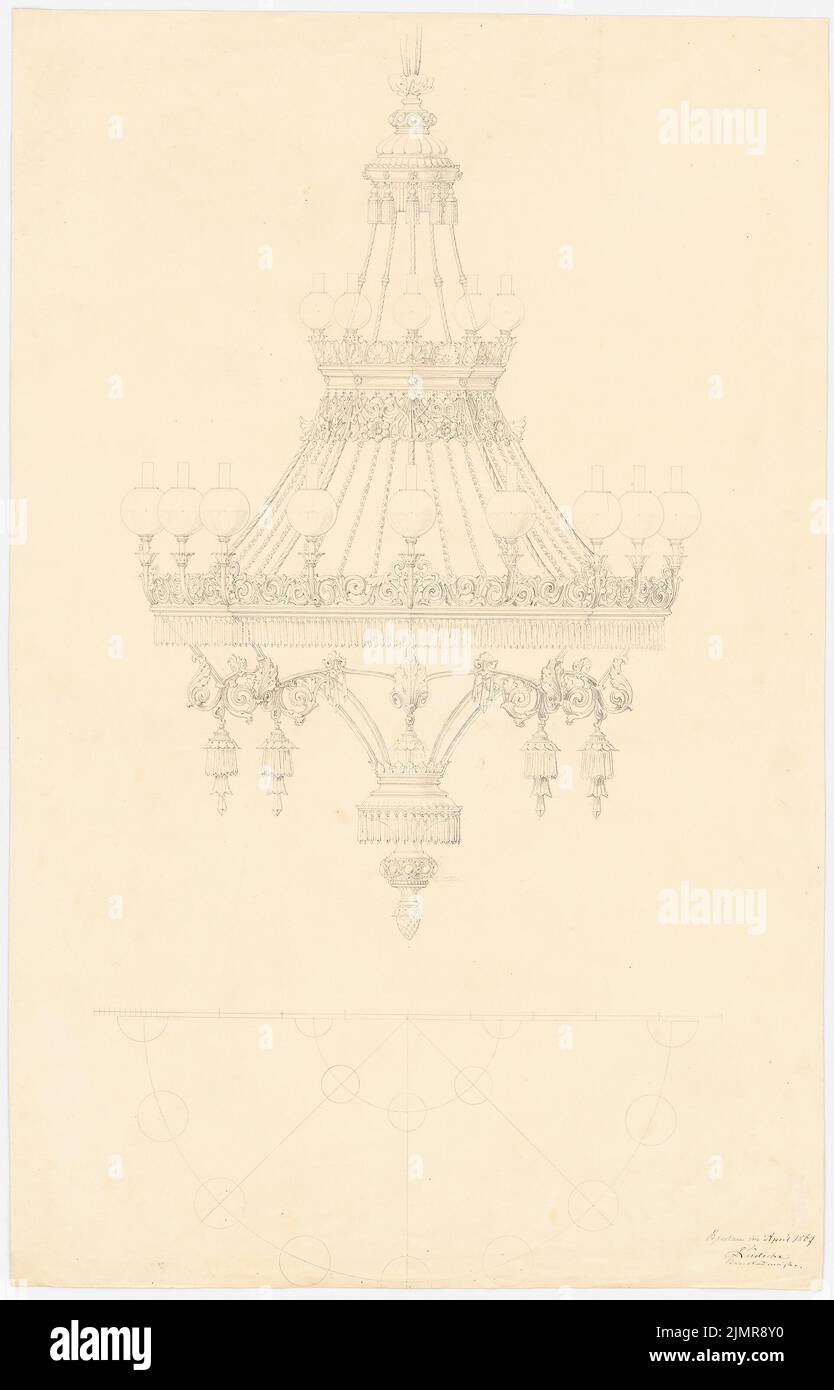 Lüdecke Carl Johann Bogislaw (1826-1894), teatro a Breslavia. Ricostruzione (04,1867): Lampadario a corona a gas in pianta a metà piano e vista. Inchiostro su cartone, 93 x 59,7 cm (compresi i bordi di scansione) Lüdecke Carl Johann Bogislaw (1826-1894): Teatro, Breslau. Wiederaufbau Foto Stock