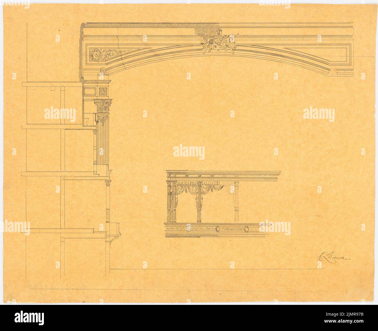 Lüdecke Carl Johann Bogislaw (1826-1894), teatro a Breslavia. Ricostruzione (1866-1866): Vista del promenium con taglio del profilo, vista loggia in 1st posto, scala bar. Inchiostro su trasparente, integrato con matita, 47,2 x 58,4 cm (compresi i bordi di scansione) Lüdecke Carl Johann Bogislaw (1826-1894): Teatro, Breslau. Wiederaufbau Foto Stock