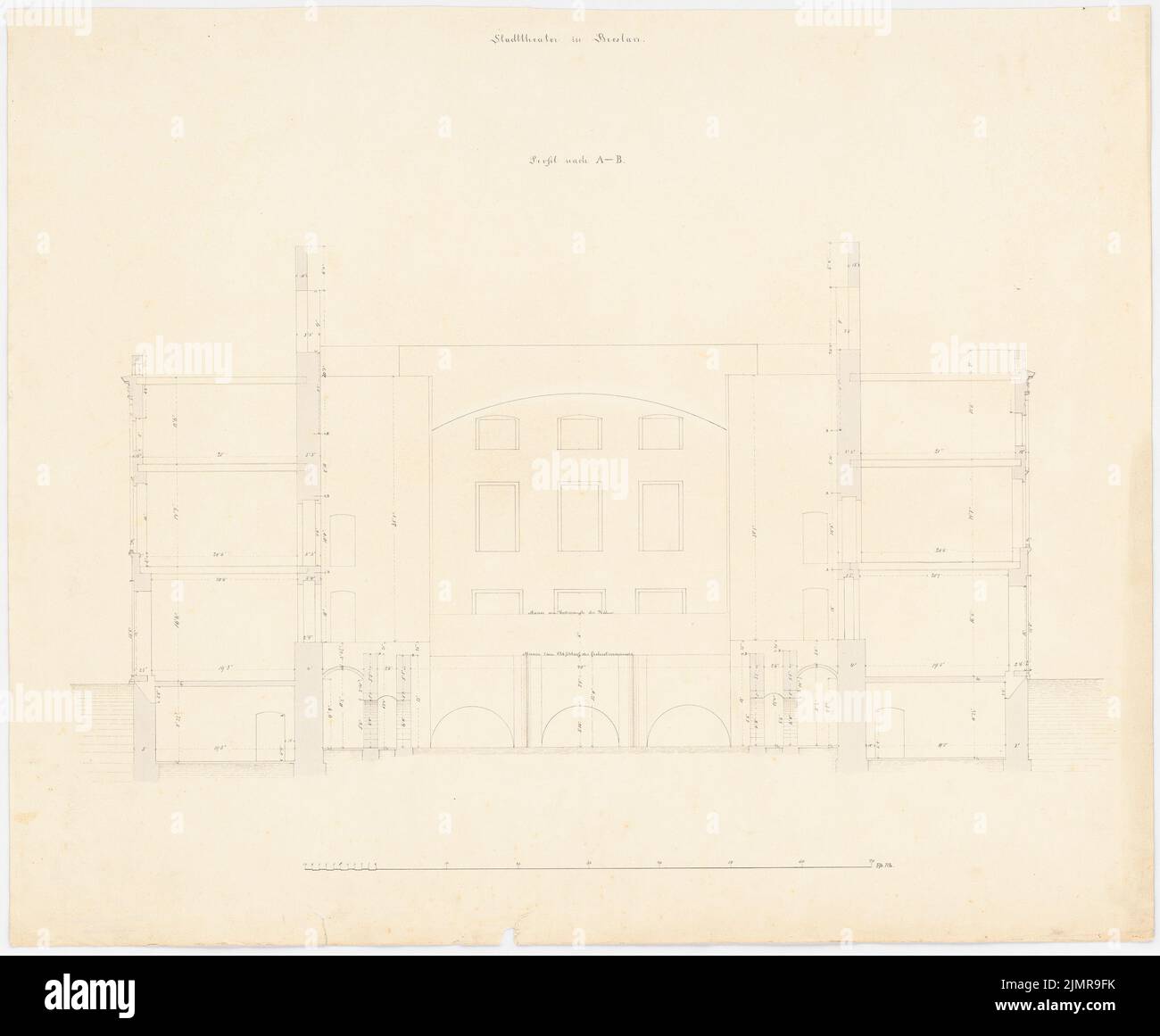 Lüdecke Carl Johann Bogislaw (1826-1894), teatro a Breslavia. Ricostruzione (1866-1866): Sezione di fronte al palco, barra di scala. Acquerello Tusche sulla scatola, 69,6 x 84,5 cm (compresi i bordi di scansione) Lüdecke Carl Johann Bogislaw (1826-1894): Teatro, Breslau. Wiederaufbau Foto Stock