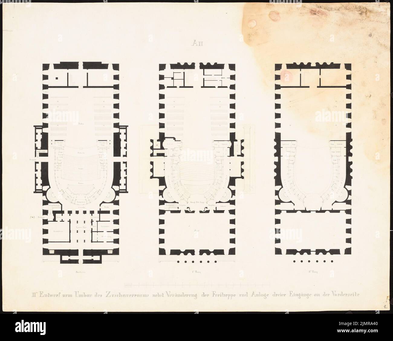 Langhans Carl Ferdinand (1782-1869), Opera reale di Berlino. Conversione (07/09/1843): Piano terra, 1st e 2nd posti. Inchiostro su cartone, 53,6 x 67,1 cm (compresi i bordi di scansione) Langhans Carl Ferdinand (1782-1869): Königliche Oper, Berlino. Umbau Foto Stock