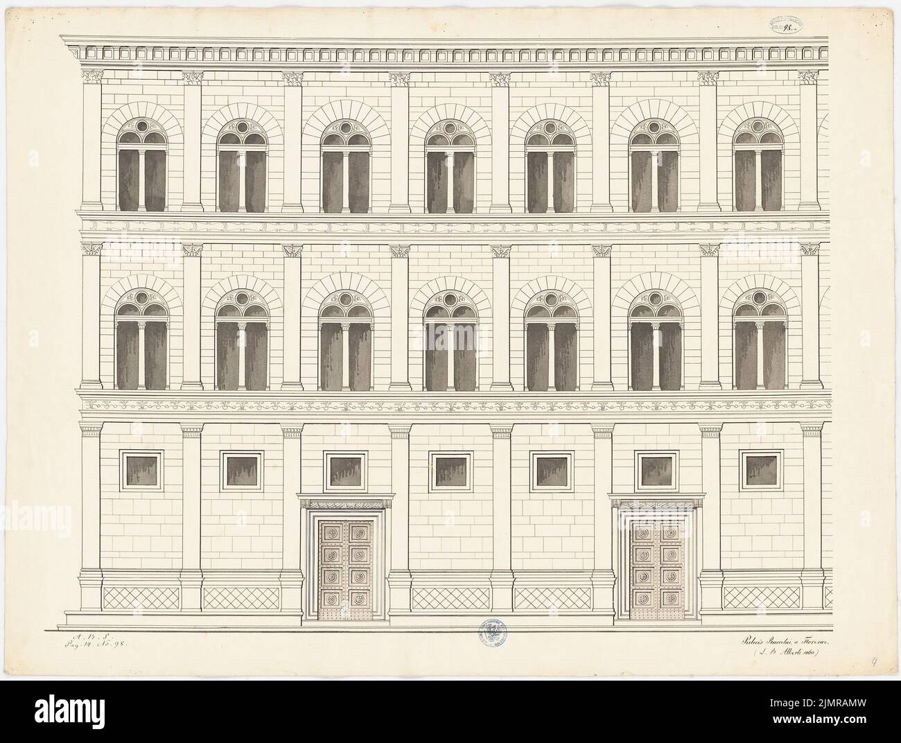 Messow Eduard, Palazzo Rucellai a Firenze (senza DAT.): Facciata. Acquerello Tusche su carta, 66,7 x 88,3 cm (compresi i bordi di scansione) Messow Eduard : Palazzo Rucellai, Florenz Foto Stock