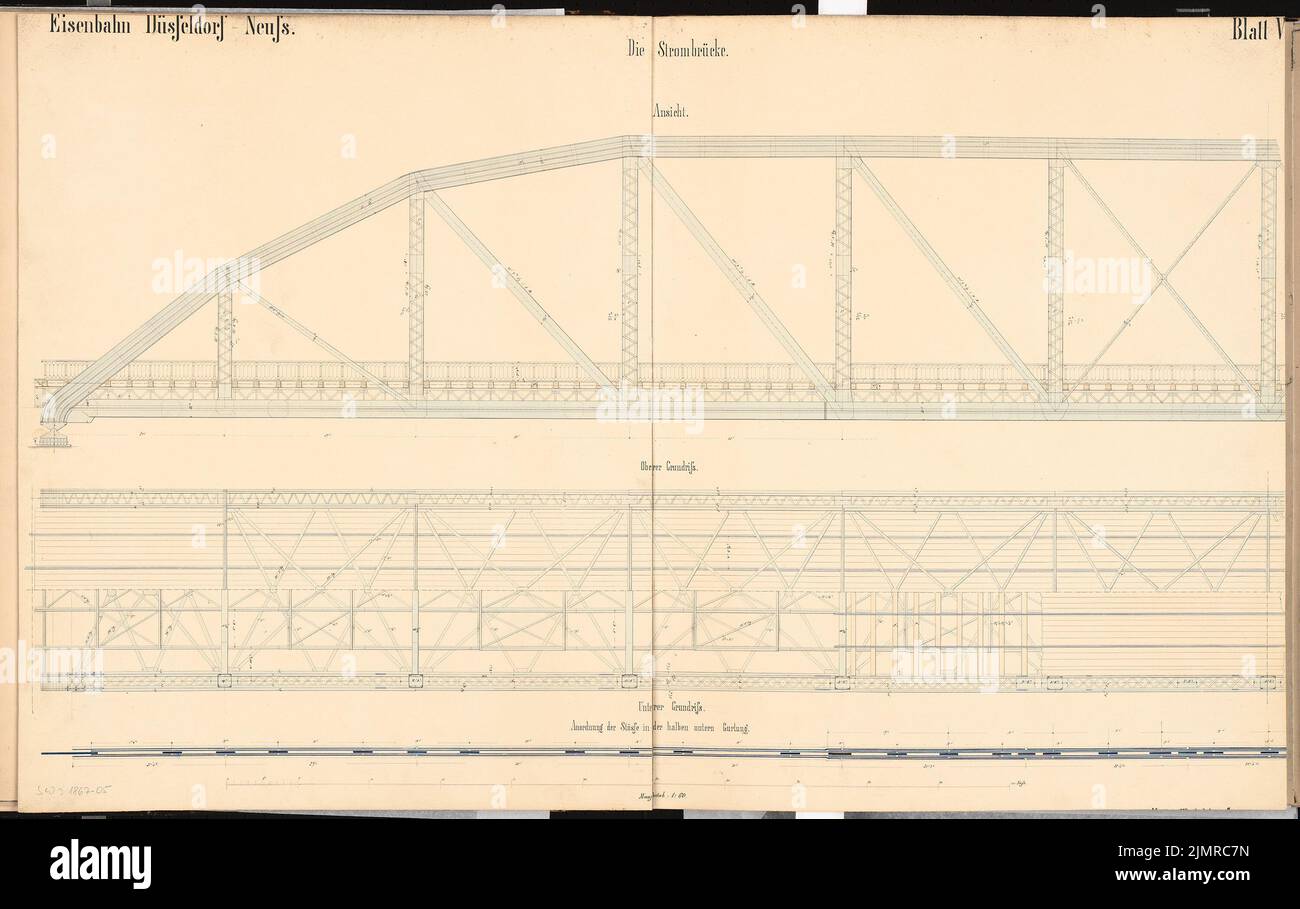 Wächter Carl (1840-1912), ponte ferroviario sul Reno vicino a Düsseldorf. Schinkel Competition 1867 (1867): Ponte sul fiume: Piano (4 livelli), vista laterale, dettaglio 1:60; Scala bar. Acquerello Tusche sulla scatola, 60,6 x 96,2 cm (compresi i bordi di scansione) Wächter Carl (1840-1912): Eisenbahnbrücke über den Rhein, Düsseldorf. Schinkelwettbewerb 1867 Foto Stock