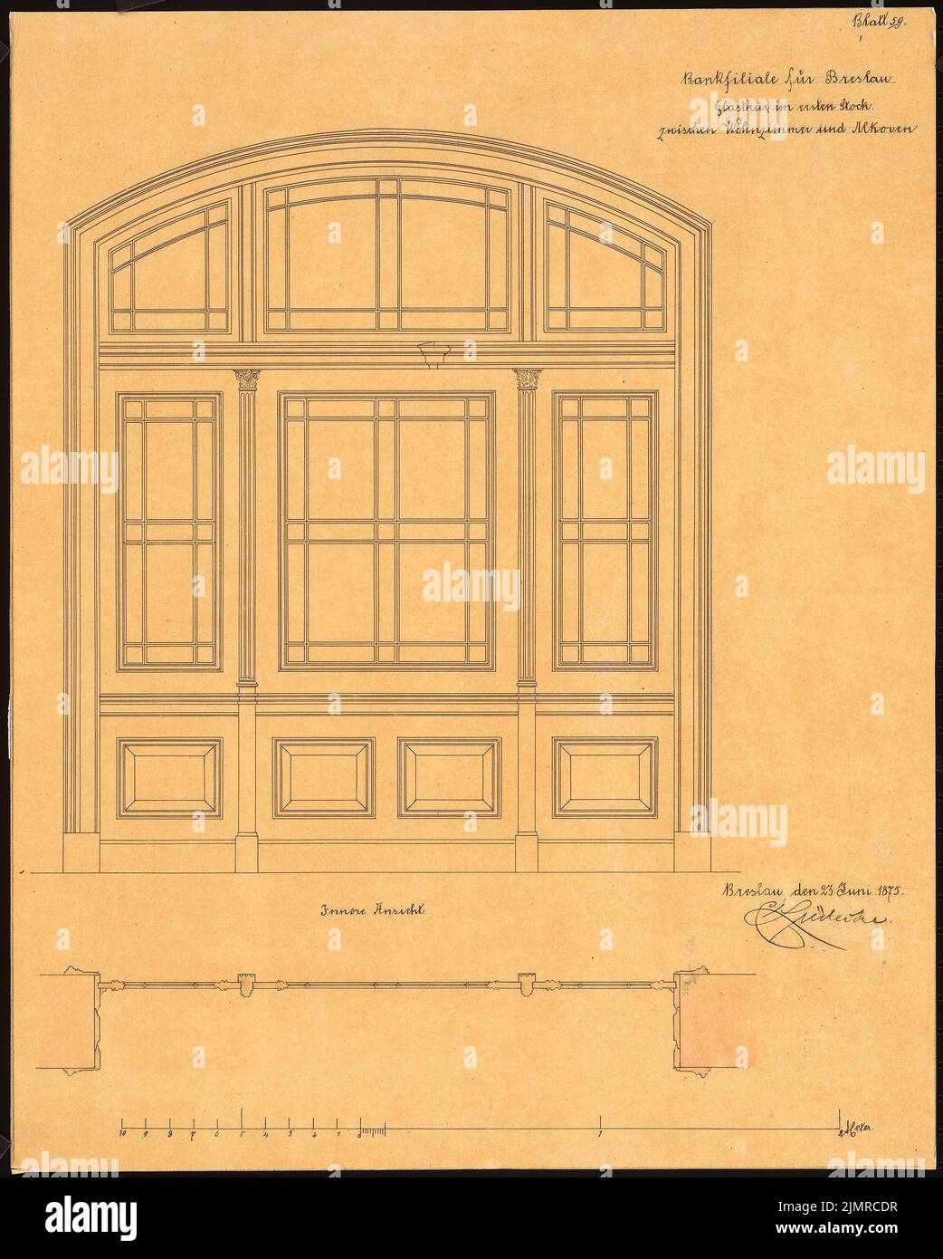 Lüdecke Carl Johann Bogislaw (1826-1894), ramo della Banca Prussiana, Breslau (23 giugno 1875): Porta di vetro all'ultimo piano del 1st tra soggiorno e alcova in pianta e verticale, scala bar 1:10. Acquerello Tusche su trasparente, 49,3 x 39,5 cm (compresi i bordi di scansione) Lüdecke Carl Johann Bogislaw (1826-1894): Filiale der Preußischen Bank, Breslau Foto Stock