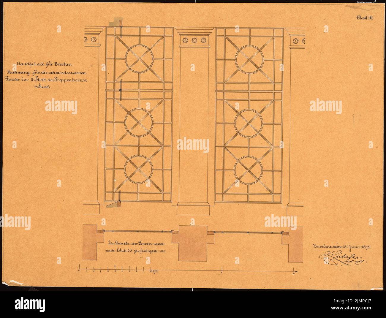 Lüdecke Carl Johann Bogislaw (1826-1894), ramo della Banca Prussiana, Breslau (18 giugno 1875): Finestre forgiate nella scala del piano superiore 2nd in pianta e profilo, scala bar 1:10. Acquerello Tusche su trasparente, 40,7 x 54 cm (compresi i bordi di scansione) Lüdecke Carl Johann Bogislaw (1826-1894): Filiale der Preußischen Bank, Breslau Foto Stock