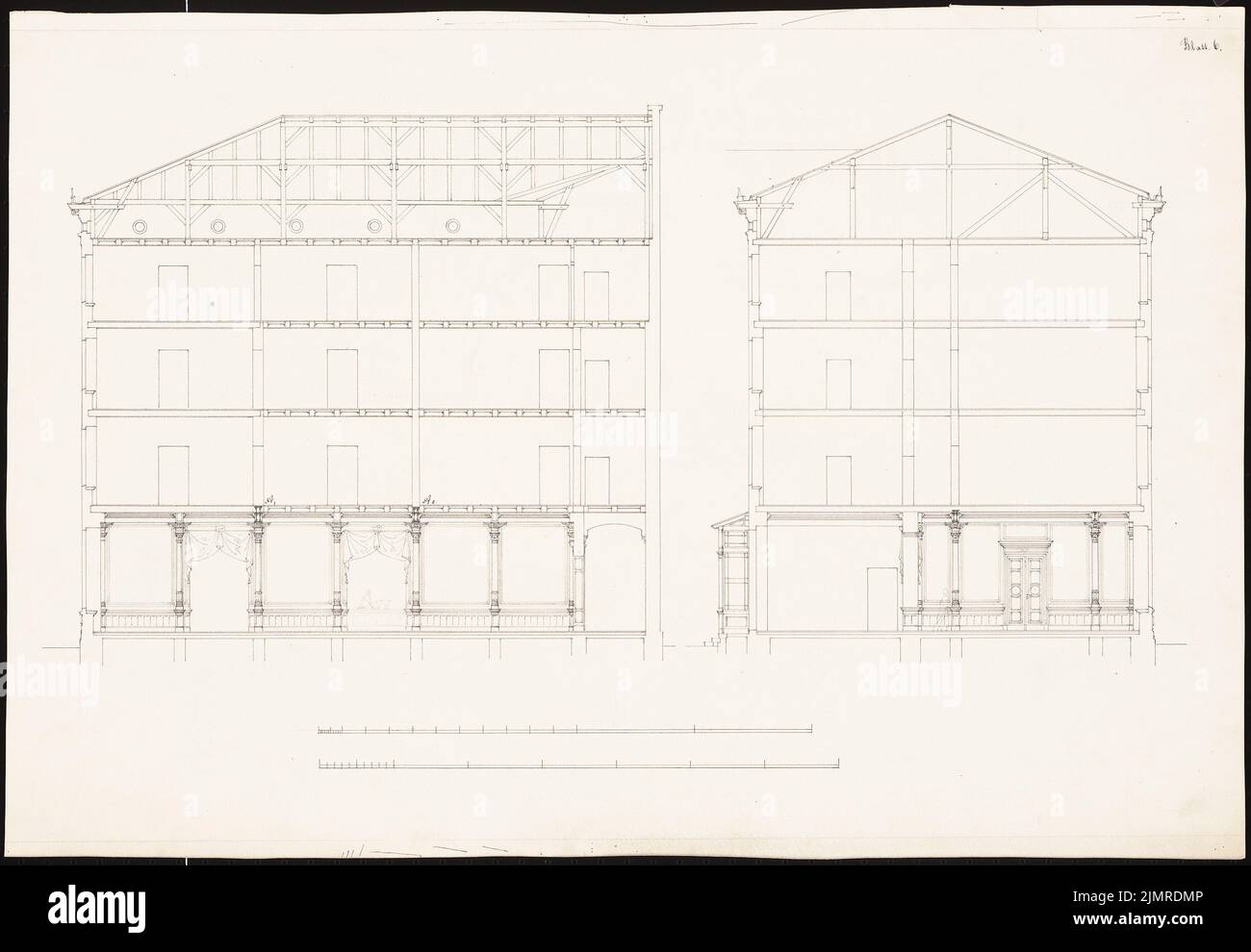 Lüdecke Carl Johann Bogislaw (1826-1894), edificio residenziale Hildebrandt con ristorante, Breslau (1871-1871): Sezione longitudinale, sezione trasversale, strisce in scala. Inchiostro e matita su cartone, 46 x 66,4 cm (compresi i bordi di scansione) Lüdecke Carl Johann Bogislaw (1826-1894): Wohnhaus Hildebrandt mit Gaststätte, Breslau Foto Stock