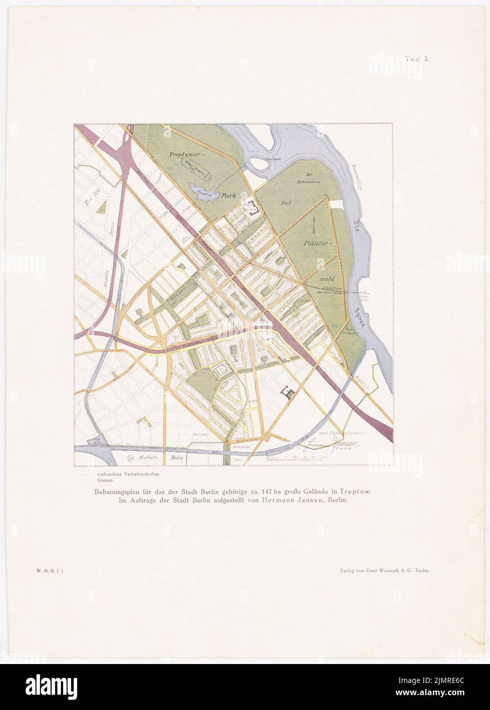 Jansen Hermann (1869-1945), piano di sviluppo Berlino-Treptow (08.08.1913): Piano generale. Stampa colorata su carta, 32,8 x 24,2 cm (compresi i bordi di scansione) Jansen Hermann (1869-1945): Bebauungsplan Berlin-Treptow Foto Stock