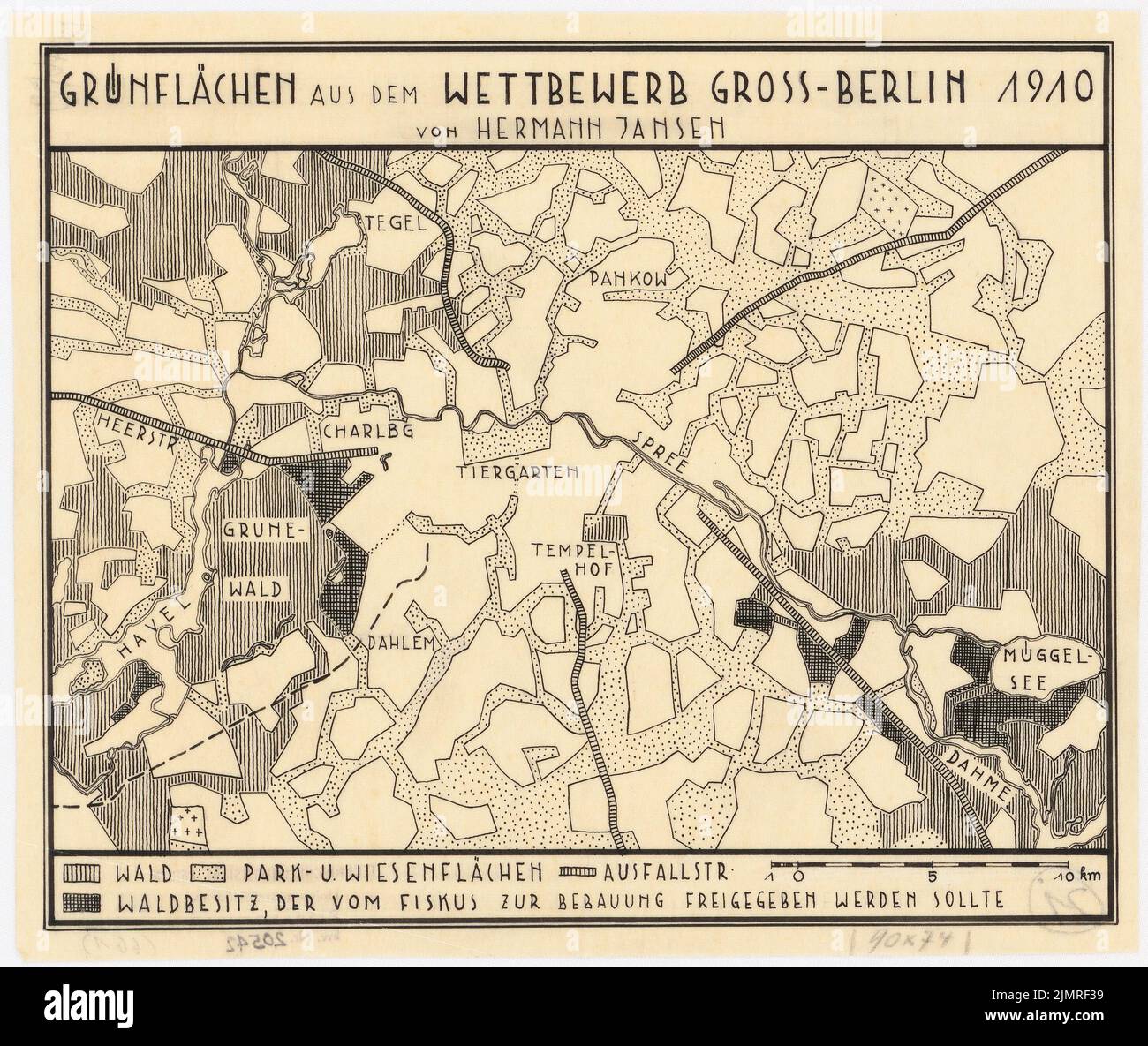 Jansen Hermann (1869-1945), concorso Groß-Berlin 1910. Aree verdi (1908-1908): Panoramica degli spazi verdi del piano, barra di scala. Inchiostro su trasparente, 20,8 x 24,7 cm (compresi i bordi di scansione) Jansen Hermann (1869-1945): Wettbewerb Groß-Berlin 1910. Grünflächen Foto Stock