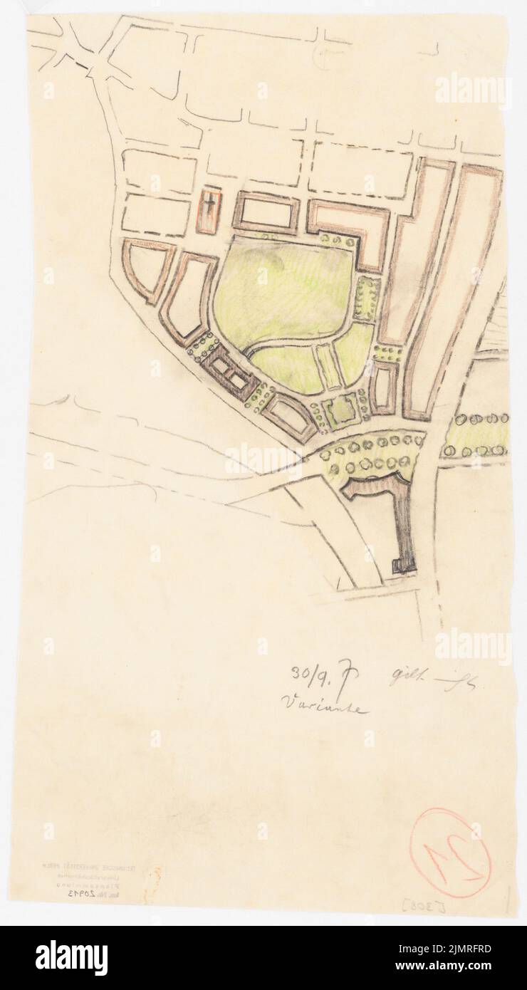 Jansen Hermann (1869-1945), concorso per lo sviluppo del rayon interno, Colonia (30 settembre 1919): Dipartimento 1: 2500. Carbone, matita e matite colorate su trasparente, 47,2 x 26,9 cm (compresi i bordi di scansione) Jansen Hermann (1869-1945): Wettbewerb zur Bebauung des Inneren Rayons, Köln Foto Stock