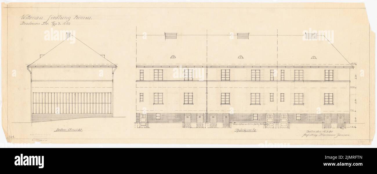 Jansen Hermann (1869-1945), pianta dell'insediamento del Heimstättengesellschaft Primus Wittenau, Berlino-Reinickendorf (16.03.1920): Edificio residenziale tipo 3, vista posteriore, pagina 1:50. Matita su trasparente, 35,5 x 90 cm (compresi i bordi di scansione) Jansen Hermann (1869-1945): Siedlungsplan der Heimstättengesellschaft Primus Wittenau, Berlino-Reinickendorf Foto Stock