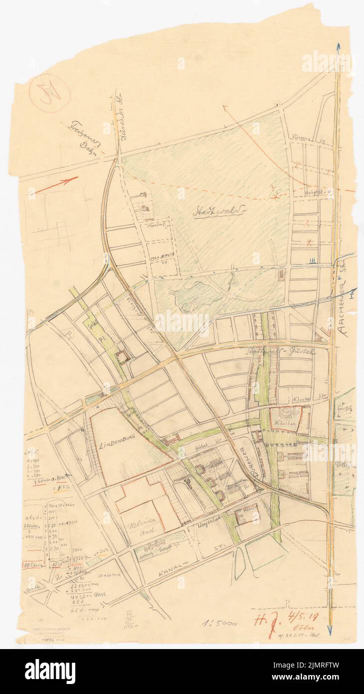Jansen Hermann (1869-1945), concorso per lo sviluppo del rayon interno, Colonia (04.05.1919): Secondo piano parte sinistra, parte nord, collegamento occidentale 1: 5000. Matita e matite colorate su trasparente, 83,1 x 46,7 cm (compresi i bordi di scansione) Jansen Hermann (1869-1945): Wettbewerb zur Bebauung des Inneren Rayons, Köln Foto Stock