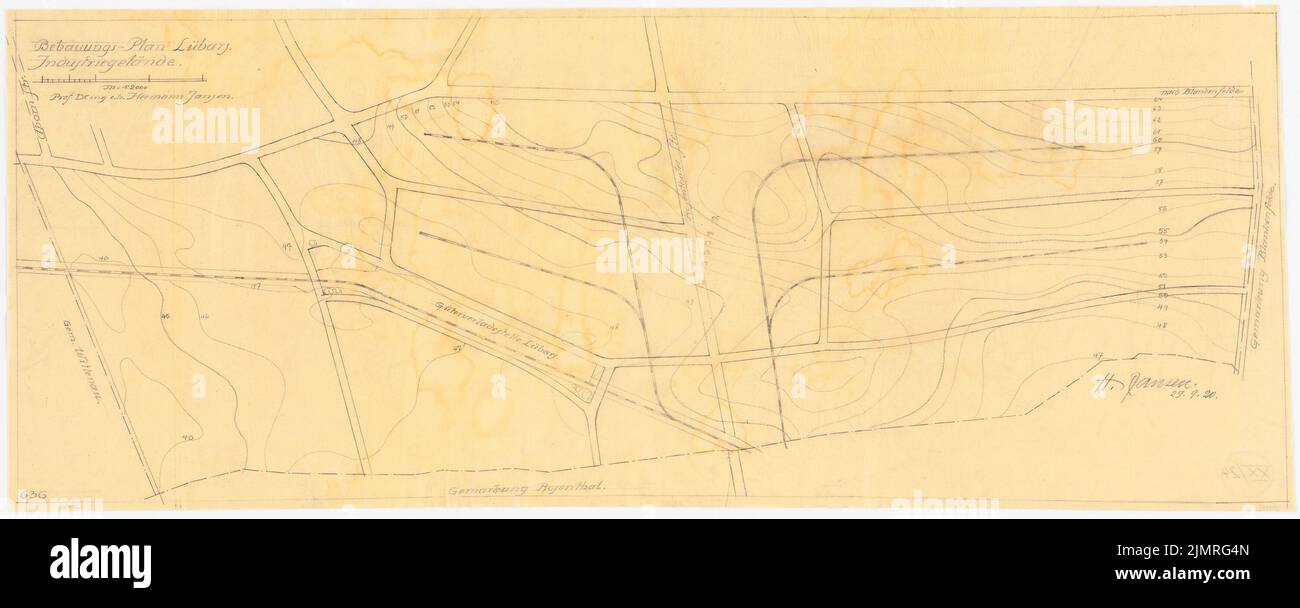 Jansen Hermann (1869-1945), piano di sviluppo parziale per Lübars, Berlino-Reinickendorf (29.09.1920): Piano di base 1: 2000. Matita su trasparente, 48,1 x 120,6 cm (compresi i bordi di scansione) Jansen Hermann (1869-1945): Teilbebauungsplan für Lübars, Berlin-Reinickendorf Foto Stock