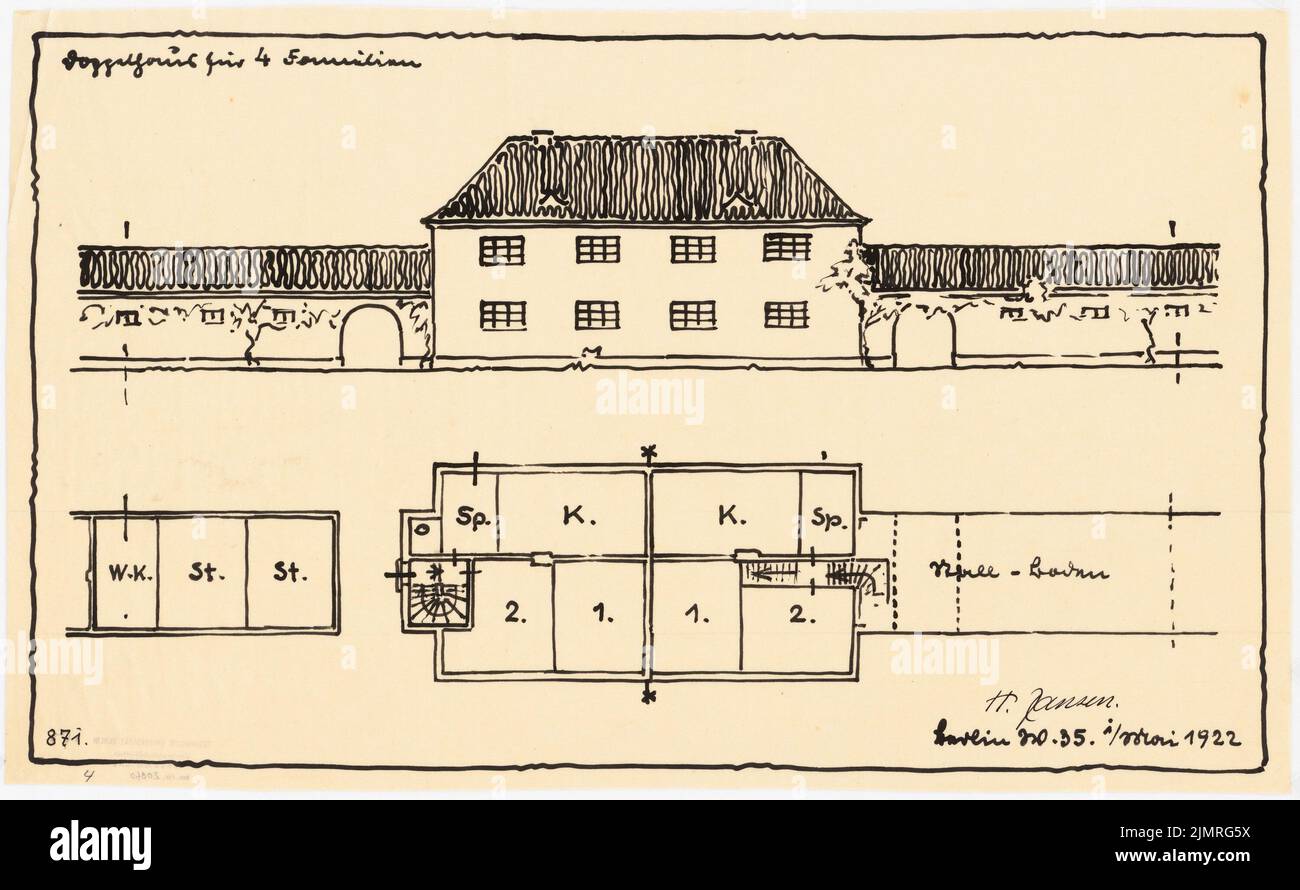 Jansen Hermann (1869-1945), case modello per piccoli insediamenti (1st maggio 1922): Casa doppia per 4 famiglie vista frontale e 2 piani. Inchiostro su trasparente, 32,8 x 53,2 cm (compresi i bordi di scansione) Jansen Hermann (1869-1945): Musterhäuser für Kleinsiedlungen Foto Stock