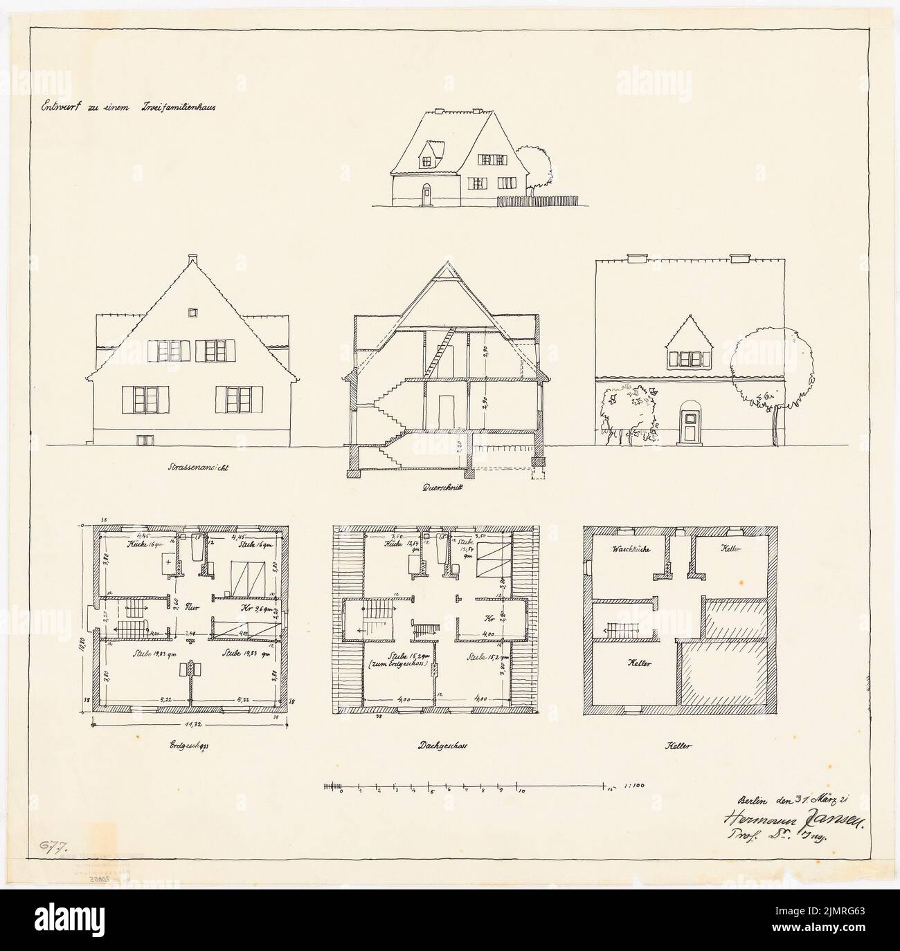 Jansen Hermann (1869-1945), case campione per piccoli insediamenti (31 marzo 1921): Vista frontale e posteriore della casa bifamiliare, sezione trasversale, pianta del seminterrato, piano terra e sottotetto 1: 100. Inchiostro su trasparente, 50,8 x 51,4 cm (compresi i bordi di scansione) Jansen Hermann (1869-1945): Musterhäuser für Kleinsiedlungen Foto Stock