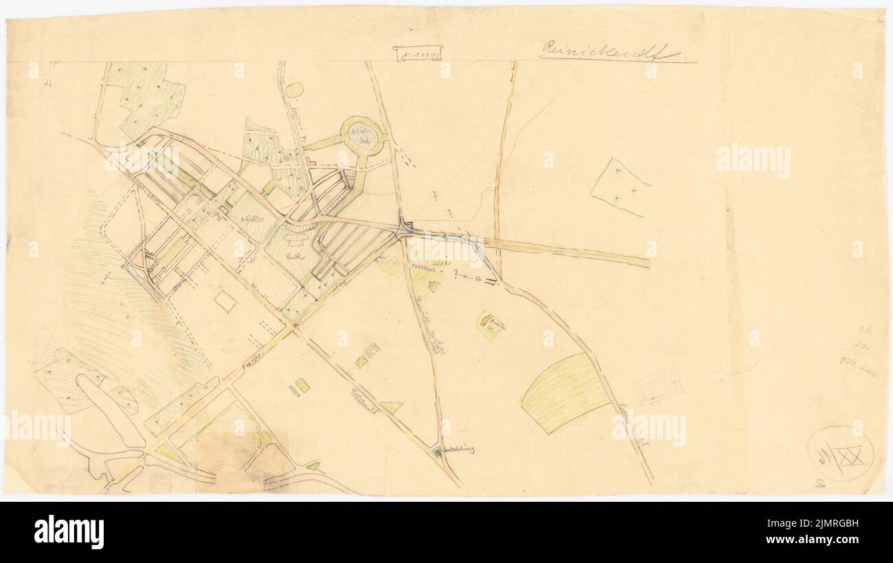 Jansen Hermann (1869-1945), piano di sviluppo per Berlino-Reinickendorf (1916-1916): Disegno del distretto meridionale di Reinickendorf e del distretto settentrionale matrimoni, piano generale 1: 10000. Matita colorata su trasparente, 40,9 x 72,9 cm (compresi i bordi di scansione) Jansen Hermann (1869-1945): Bebauungsplan Berlin-Reinickendorf Foto Stock