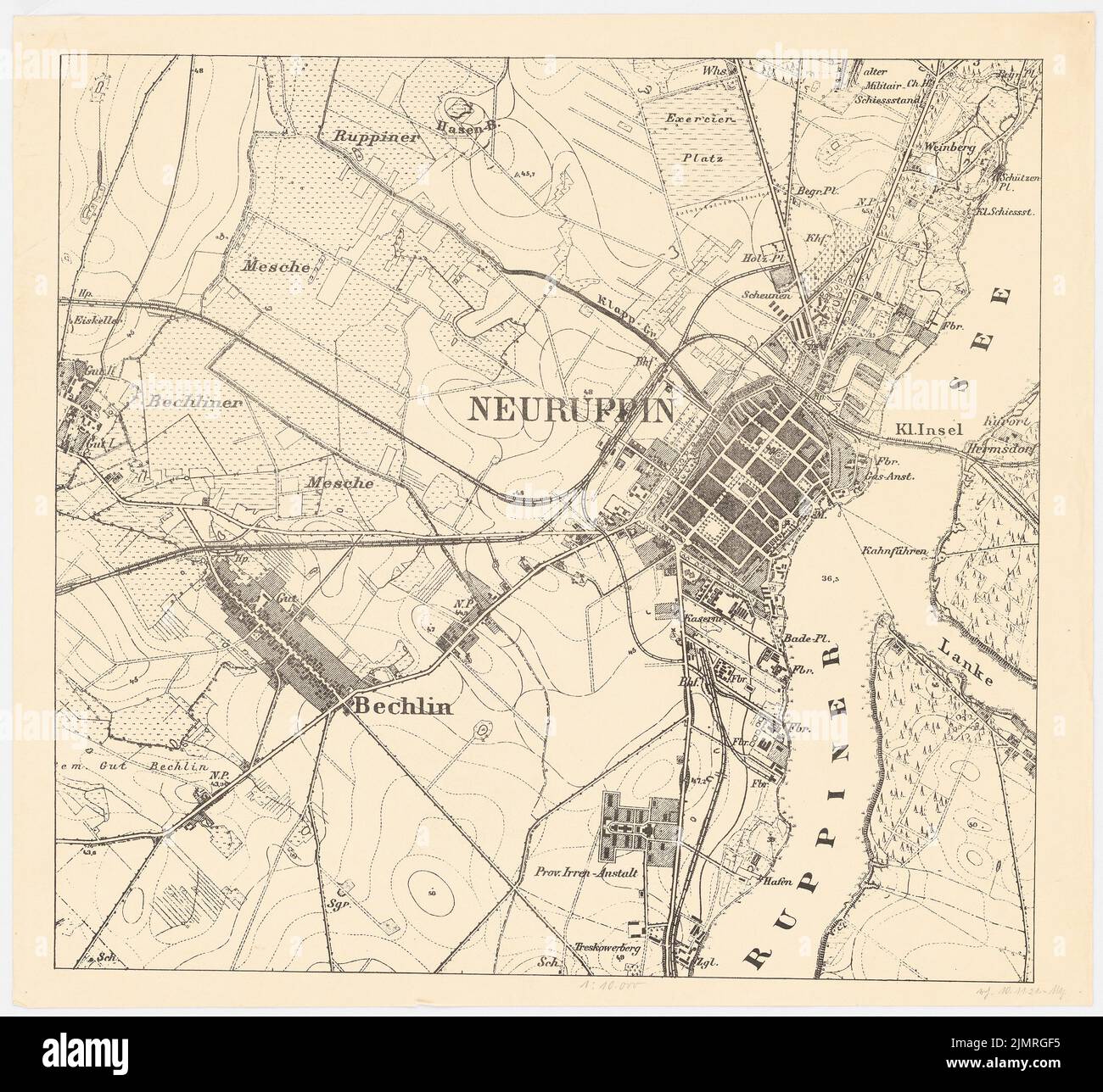 Jansen Hermann (1869-1945), piano di sviluppo della città espansione Neuruppin. Progetto 1st (1921-1921): Documento di pianificazione: Mappa di Neuruppin e dintorni con entrata della gestione della linea di traffico e pianificazione dei treni verdi 1: 10000 (pressione del allargato. Matita con litografia su carta, 59,6 x 64,6 cm (incl Scansione bordi) Jansen Hermann (1869-1945): Bebauungsplan der Stadterweiterung, Neuruppin. 1. Projekt Foto Stock