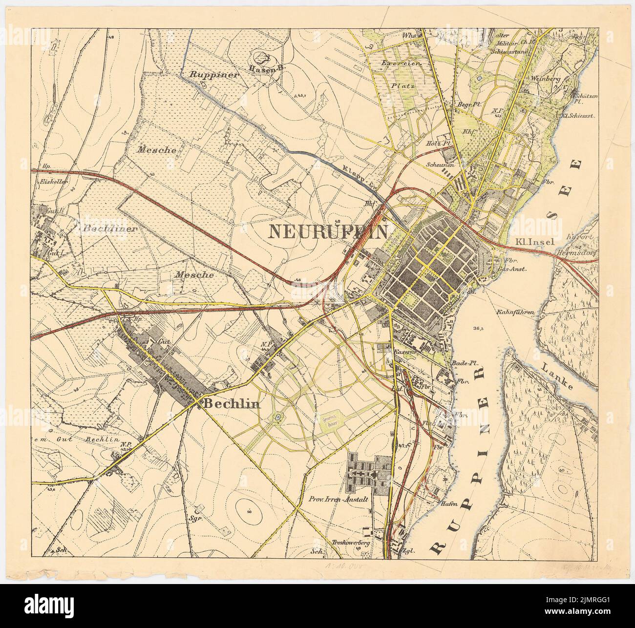 Jansen Hermann (1869-1945), piano di sviluppo della città espansione Neuruppin. 1. Progetto. Pianificazione ferroviaria (1921-1921): Mappa di Neuruppin e dell'area circostante con ingresso alla gestione della linea di traffico e pianificazione dei treni verdi 1: 10000 (pressione della tabella di misurazione allargata 1:. Matita da candeggina e matita colorata per litografia, 59,2 x 64,3 cm (compresi i bordi di scansione) Jansen Hermann (1869-1945): Bebauungsplan der Stadterweiterung, Neuruppin. 1. Projekt. Eisenbahnplanung Foto Stock