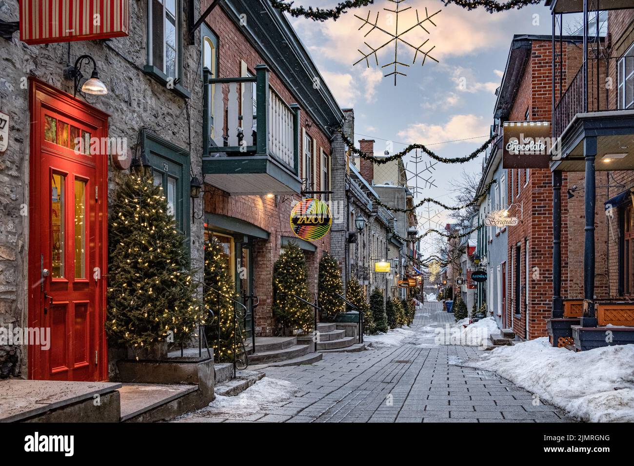 Negozi nel quartiere di Petit Champlain, stagione estiva a Quebec City Foto Stock