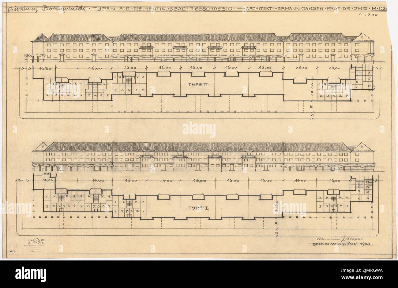 Jansen Hermann (1869-1945), piano di sviluppo del Kleinsiedlung Borsig di Berlino-Tegel. Piano di sviluppo parziale Borsigwalde (01.05.1922): 2 piani e costruzione di case marroni 3 piani 1: 200. Matita su trasparente, 60,4 x 92,3 cm (compresi i bordi di scansione) Jansen Hermann (1869-1945): Bebauungsplan der Kleinsiedlung Borsig, Berlino-Tegel. Teilbauungsplan Borsigwalde Foto Stock