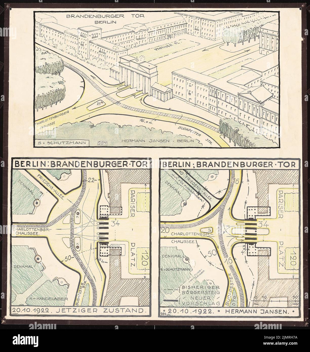 Jansen Hermann (1869-1945), proposte di regolamentazione del traffico a Berlino. Porta di Brandeburgo (20 ottobre 1922): Piano dipendente, vista prospettica (spettacolo di uccelli). Inchiostro, matita colorata sopra una rottura sulla scatola, 95,8 x 90,3 cm (compresi i bordi di scansione) Jansen Hermann (1869-1945): Verkehrsregulierungsvorschläge, Berlino. Brandenburger Tor Foto Stock