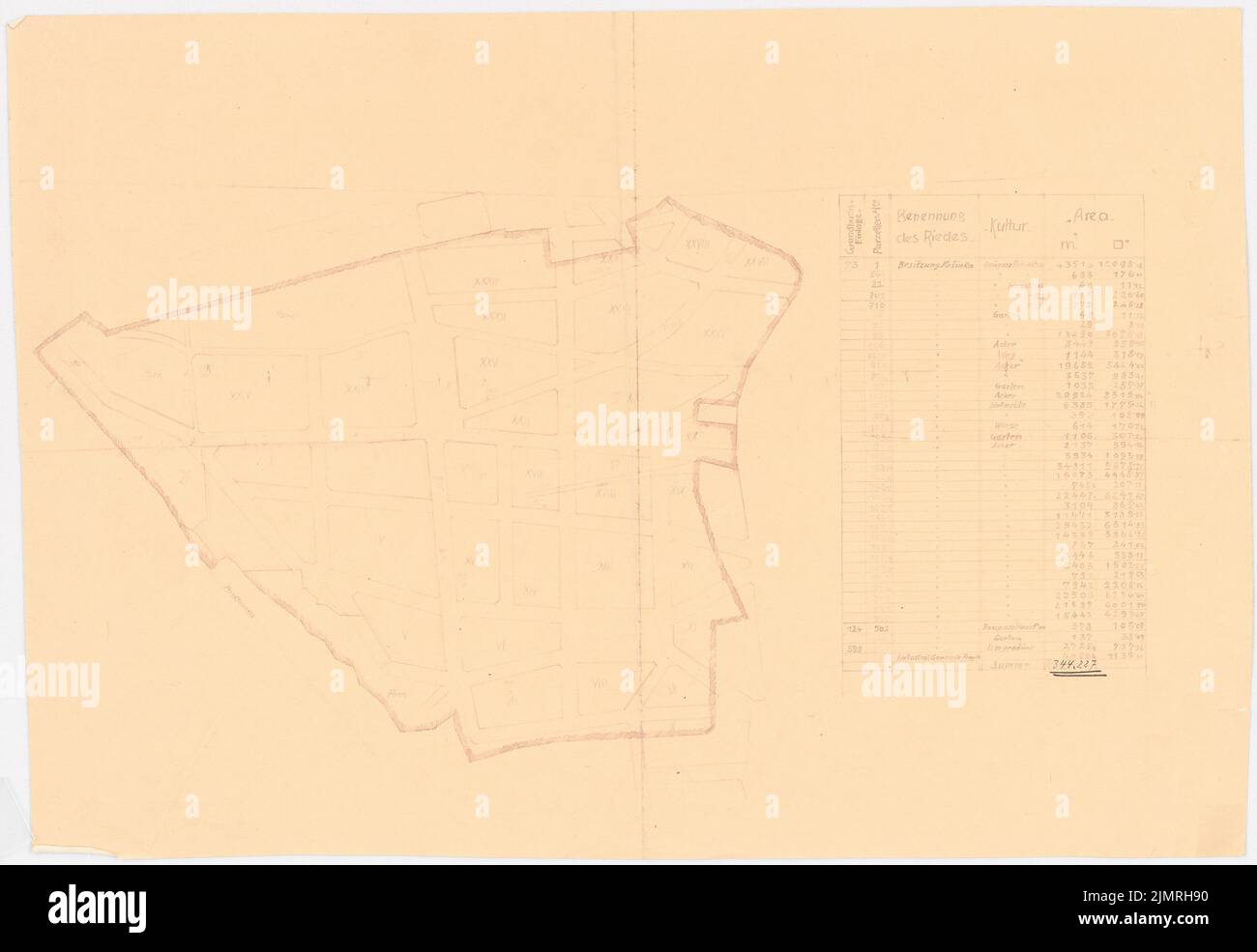 Jansen Hermann (1869-1945), piano di sviluppo Praga e dintorni. Progetto II. Kosinka (Liben) (8 giugno 1928): (Dal N. fatt 21209) creazione del percorso pubblico 1: 2880, elenco dei posti di osservazione con informazioni sul tipo di cultura e di estensione della superficie (ex piani. Matita di smarginatura con una pausa sulla carta, 34 x 49,3 cm (compresi i bordi di scansione) Jansen Hermann (1869-1945): Bebauungsplan Prag und Umgebung. Projekt II Kosinka (Liben) Foto Stock