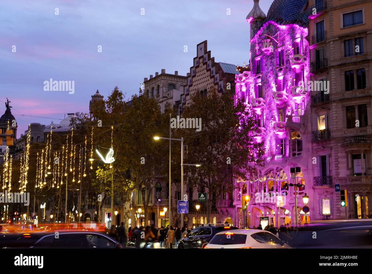 Casa Batlló illuminazione di Natale a Barcellona Foto Stock