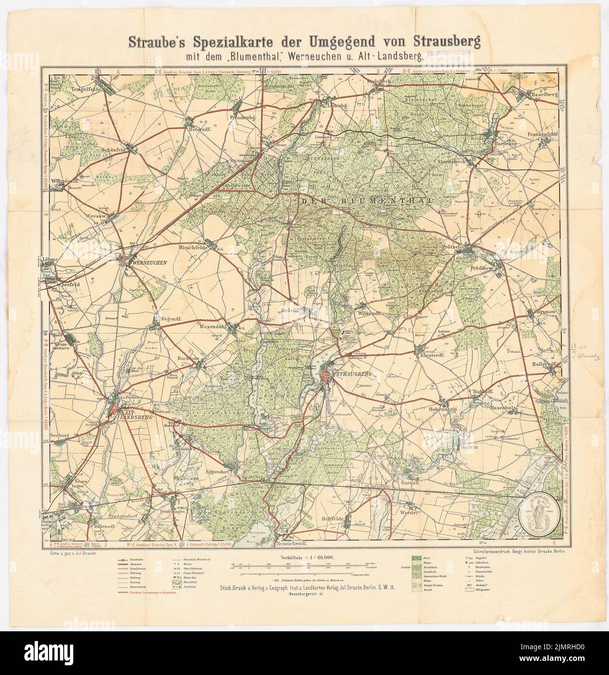 Autore sconosciuto, mappa di Strausberg e della zona circostante. Il progetto comprende: Hermann Jansen, piano di sviluppo parziale, Strausberg (1920-1920): Straube's planning pad 1:60 000. Litografia su cartone, 53 x 51,2 cm (compresi i bordi di scansione) senza pari. Verfasser : Karte von Strausberg und Umgebung. Zum Projekt gehörend: Hermann Jansen, Teilbebauungsplan, Strausberg Foto Stock