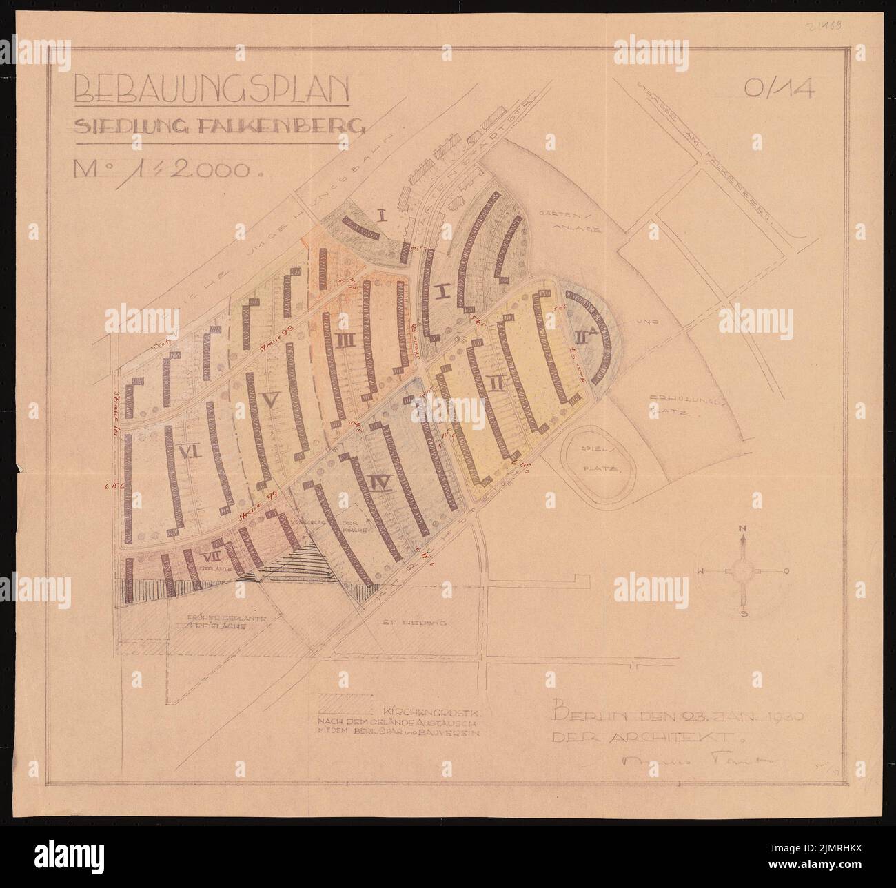 Taut Bruno (1880-1938), Gartenstadt Falkenberg a Berlino-Altglienicke (1930): Falkenberg, piano di sviluppo a sud della ferrovia. Matita colorata a rottura con un colpo, colorata, 52,3 x 56,7 cm (compresi i bordi di scansione) tesa Bruno (1880-1938): Gartenstadt Falkenberg, Berlin-Altglienicke Foto Stock