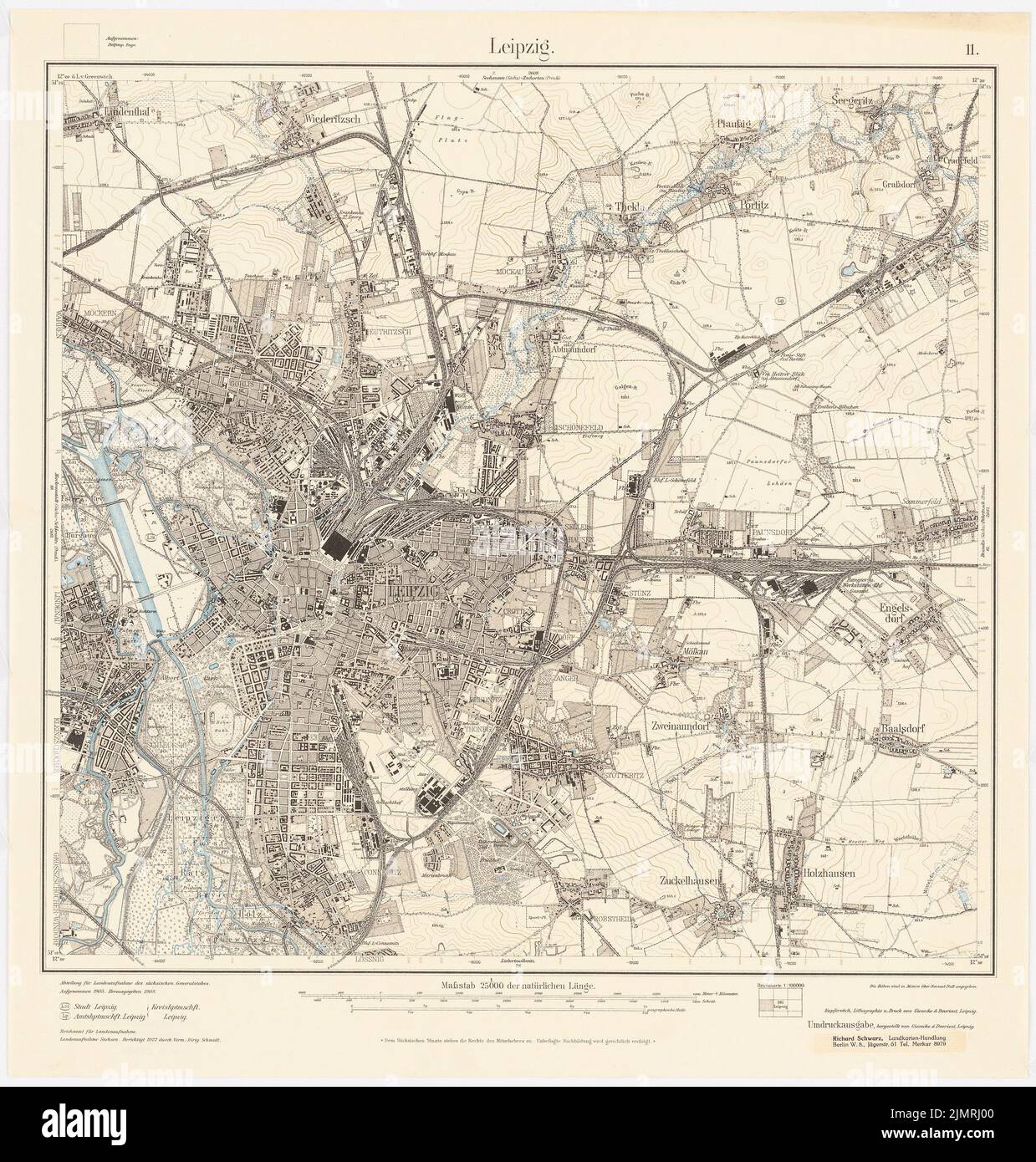 Jansen Hermann (1869-1945), Pianificazione Regionale Bitterfeld-Delitzsch (1925-1925): Scheda di misurazione del pad di pianificazione (1908), foglio parziale 11. (Lipsia), 1: 25000. Stampa a colori su carta, 55 x 52,5 cm (compresi i bordi di scansione) Jansen Hermann (1869-1945): Regionalplanung Bitterfeld-Delitzsch Foto Stock