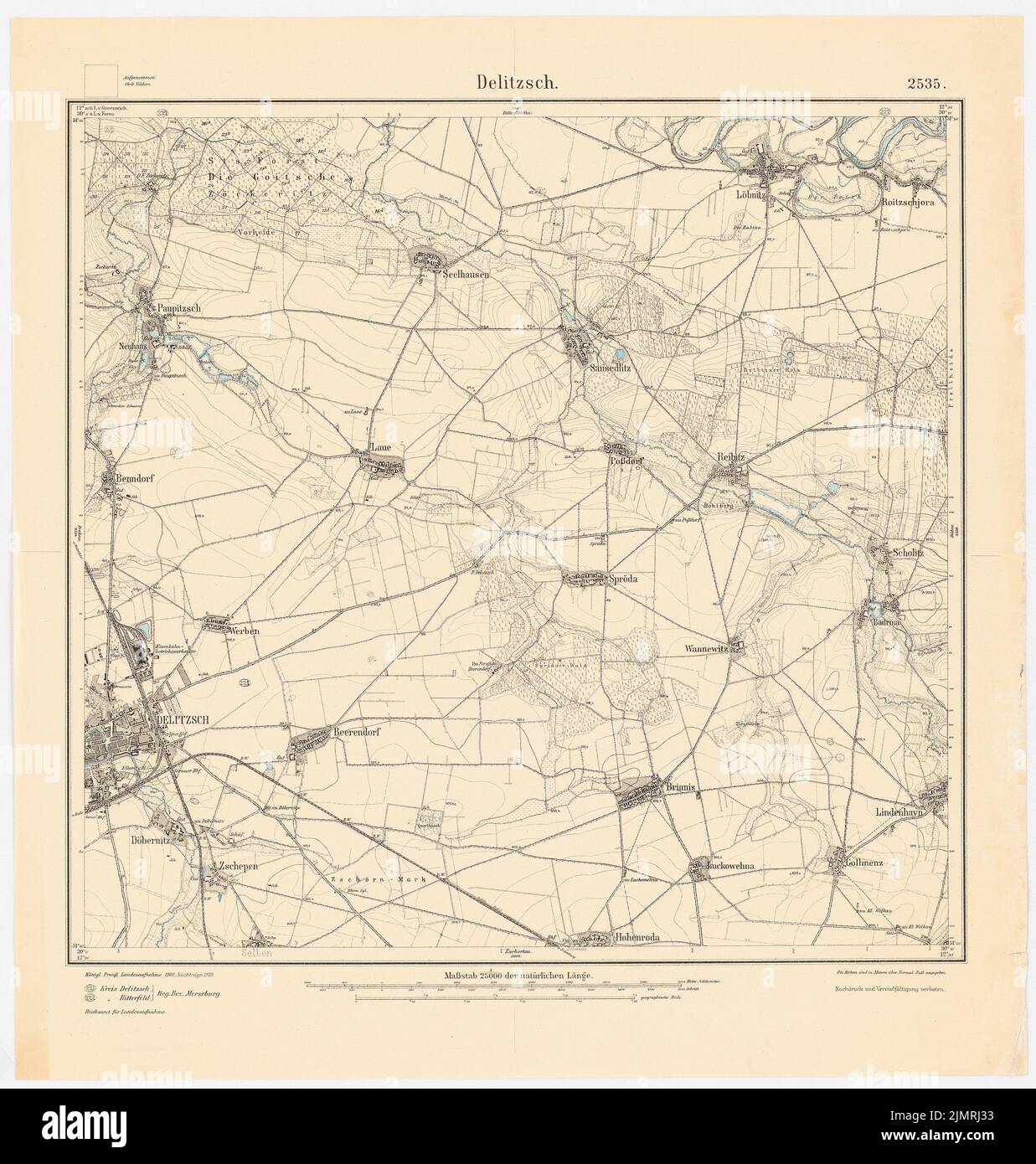 Jansen Hermann (1869-1945), Pianificazione Regionale Bitterfeld-Delitzsch (1925): Scheda di misurazione del pad di pianificazione, foglio parziale 2535 (Delitzsch), 1: 25000. Acquerello Tusche, pressione eccessiva sulla carta, 58,2 x 55,4 cm (compresi i bordi di scansione) Jansen Hermann (1869-1945): Regionalplanung Bitterfeld-Delitzsch Foto Stock