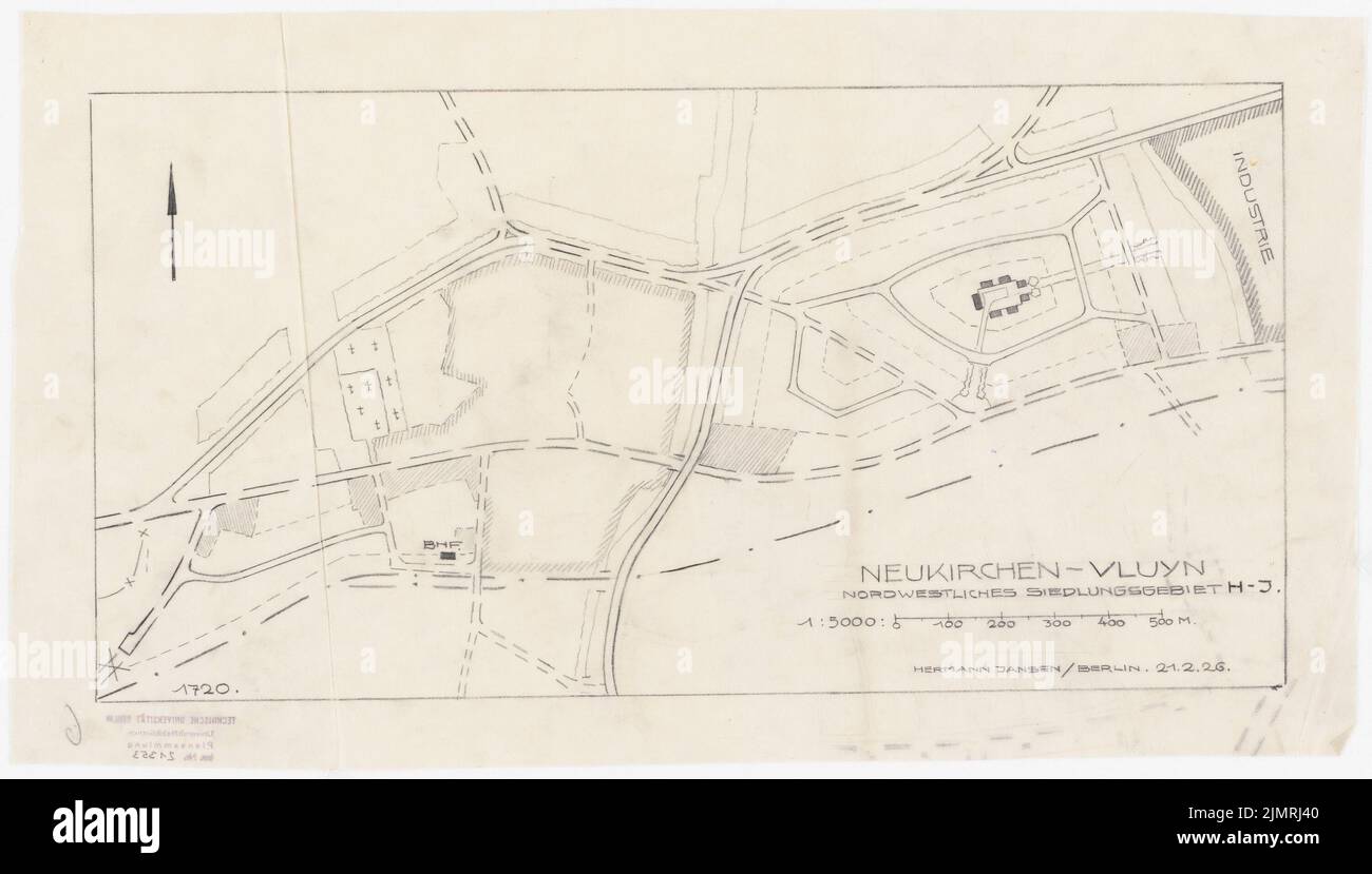 Jansen Hermann (1869-1945), pianificazione del traffico e degli insediamenti per l'espansione delle città di Neukirchen e Vluyn (21 febbraio 1926): Area degli insediamenti nordoccidentali: Grundplan 1: 5000. Matita su trasparente, 29 x 51,1 cm (compresi i bordi di scansione) Jansen Hermann (1869-1945): Verkehrs- und Siedlungsplanung der Erweiterung der Städte Neukirchen und Vluyn Foto Stock