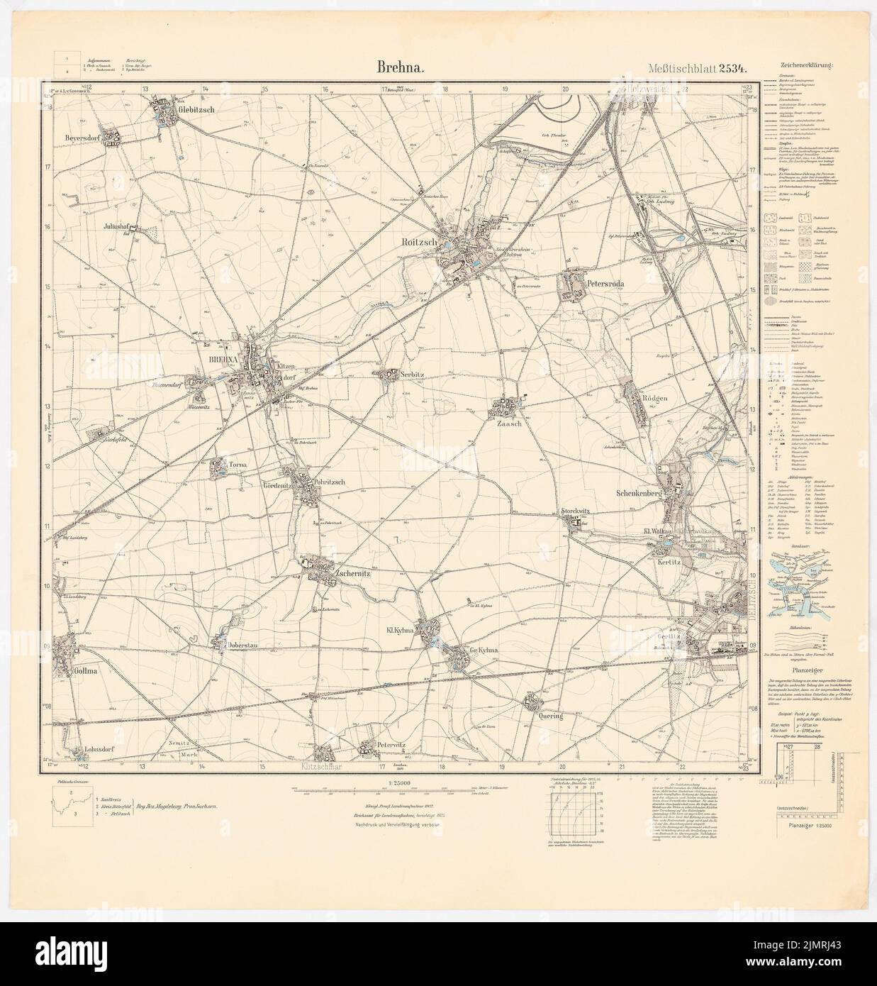 Jansen Hermann (1869-1945), Pianificazione Regionale Bitterfeld-Delitzsch (1925): Scheda di misurazione del tampone di pianificazione, foglio parziale 2534 (Brehna), 1: 25000. Stampa acquerello su carta, 61,4 x 58,4 cm (compresi i bordi di scansione) Jansen Hermann (1869-1945): Regionalplanung Bitterfeld-Delitzsch Foto Stock
