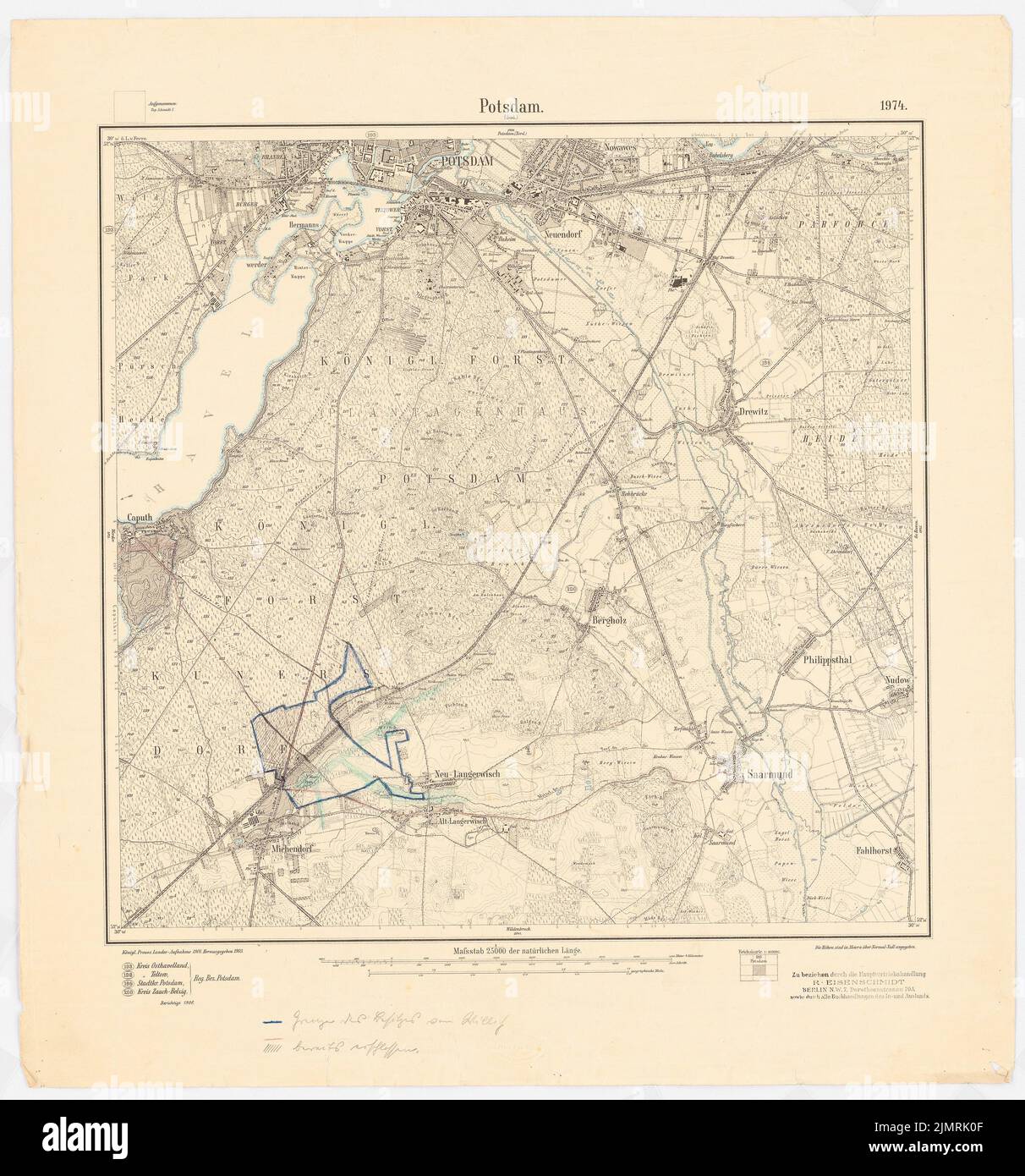 Jansen Hermann (1869-1945), distretto di Zauch-Belzig (1927-1927): Tabella di misurazione foglio parziale 1974 Potsdam Süd Pianificazione regionale Michendorf Nord parte 1: 25000. Matita e matita colorata sopra pressione, 61,8 x 57,7 cm (compresi i bordi di scansione) Jansen Hermann (1869-1945): Kreis Zauch-Belzig Foto Stock