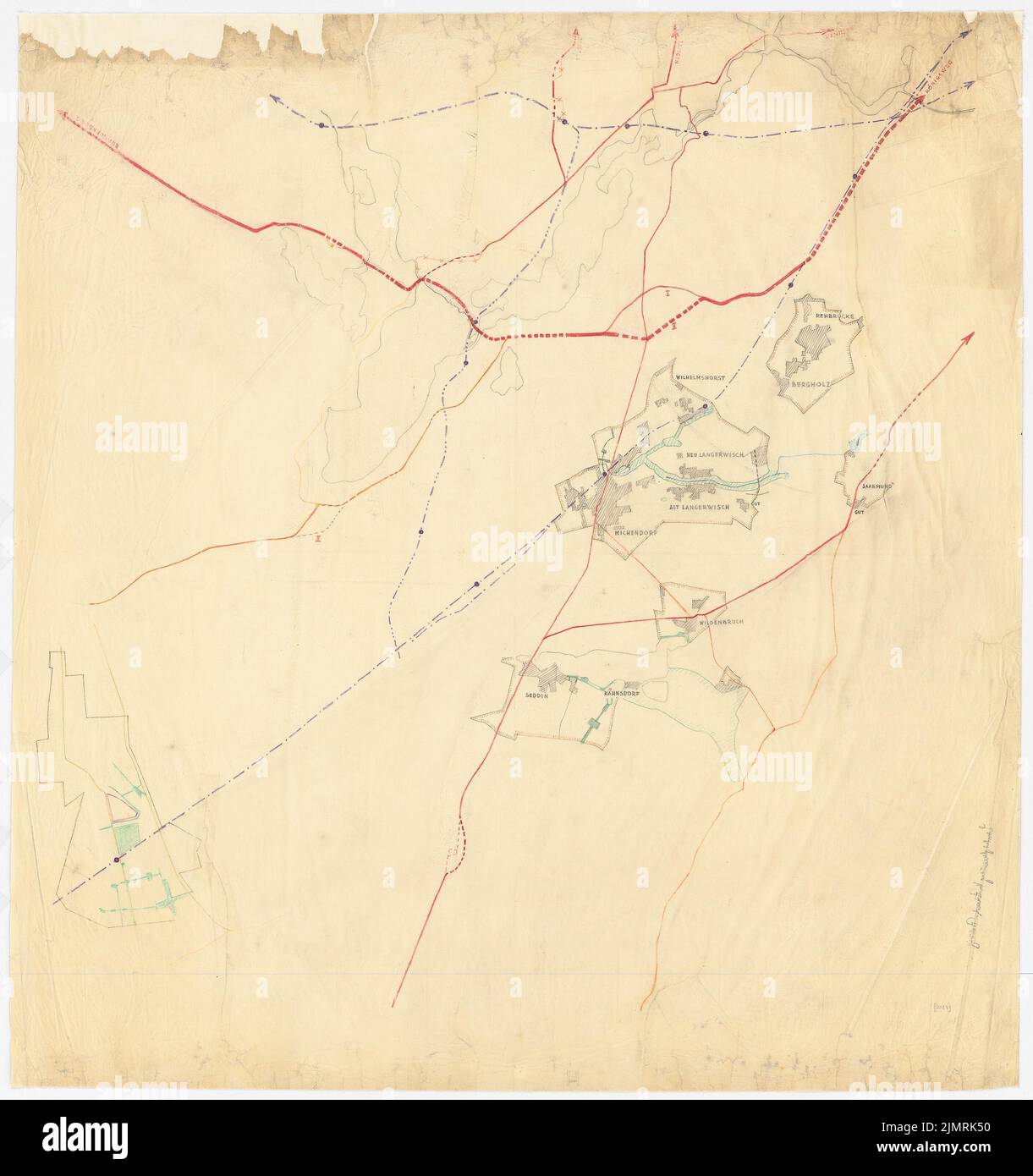 Jansen Hermann (1869-1945), distretto di pianificazione regionale Zauch-Belzig (1929-1929): Grund e piano di zona. Matita e matita colorata su trasparente, 107,5 x 101 cm (compresi i bordi di scansione) Jansen Hermann (1869-1945): Regionalplanung Kreis Zauch-Belzig Foto Stock