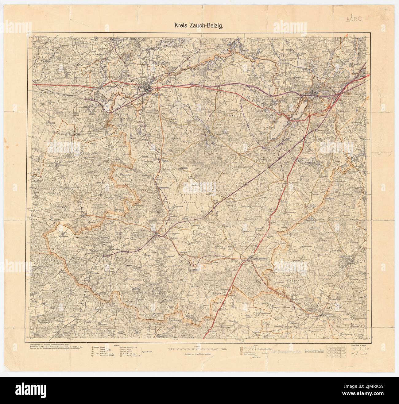 Jansen Hermann (1869-1945), distretto di pianificazione regionale Zauch-Belzig (10.03.1930): Cerchio Mappa Zauch-Belzig 1: 100000. Matita colorata a pressione su carta, 76,6 x 81,1 cm (compresi i bordi di scansione) Jansen Hermann (1869-1945): Regionalplanung Kreis Zauch-Belzig Foto Stock