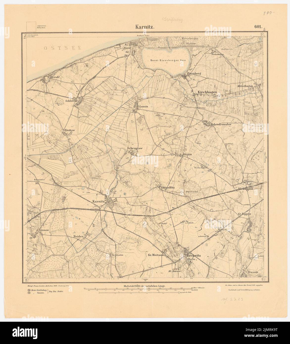 Jansen Hermann (1869-1945), piano di sviluppo della città di espansione, Greifenberg (03.03.1923): Documento di pianificazione Messischkarte 1889 (1919), foglio parziale 601 (Karnitz) 1: 25000. Stampa acquerello su carta, 59,2 x 53,4 cm (compresi i bordi di scansione) Jansen Hermann (1869-1945): Bebauungsplan der Stadterweiterung, Greifenberg Foto Stock