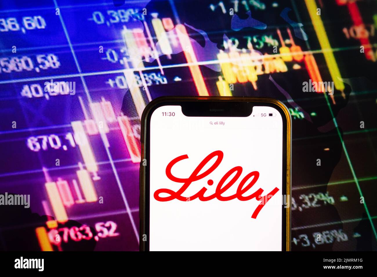 KONSKIE, POLONIA - 07 agosto 2022: Smartphone con logo di Eli Lilly and Company sullo sfondo del diagramma di borsa Foto Stock