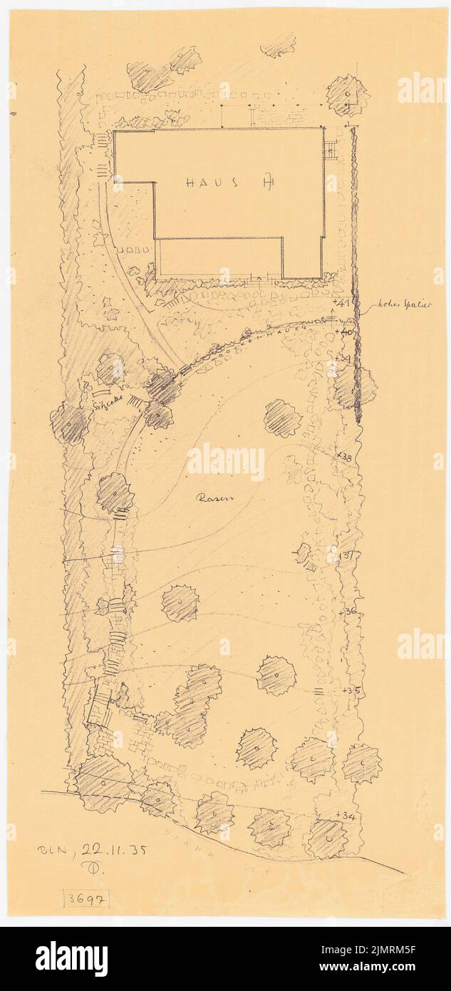 Jansen Hermann (1869-1945), Haus Jansen a Berlino-Grunewald (22 novembre 1935): Pianta del giardino, pianta del giardino 1: 100. Rottura leggera su carta, 81,1 x 39,5 cm (compresi i bordi di scansione) Jansen Hermann (1869-1945): Haus Jansen, Berlin-Grunewald Foto Stock