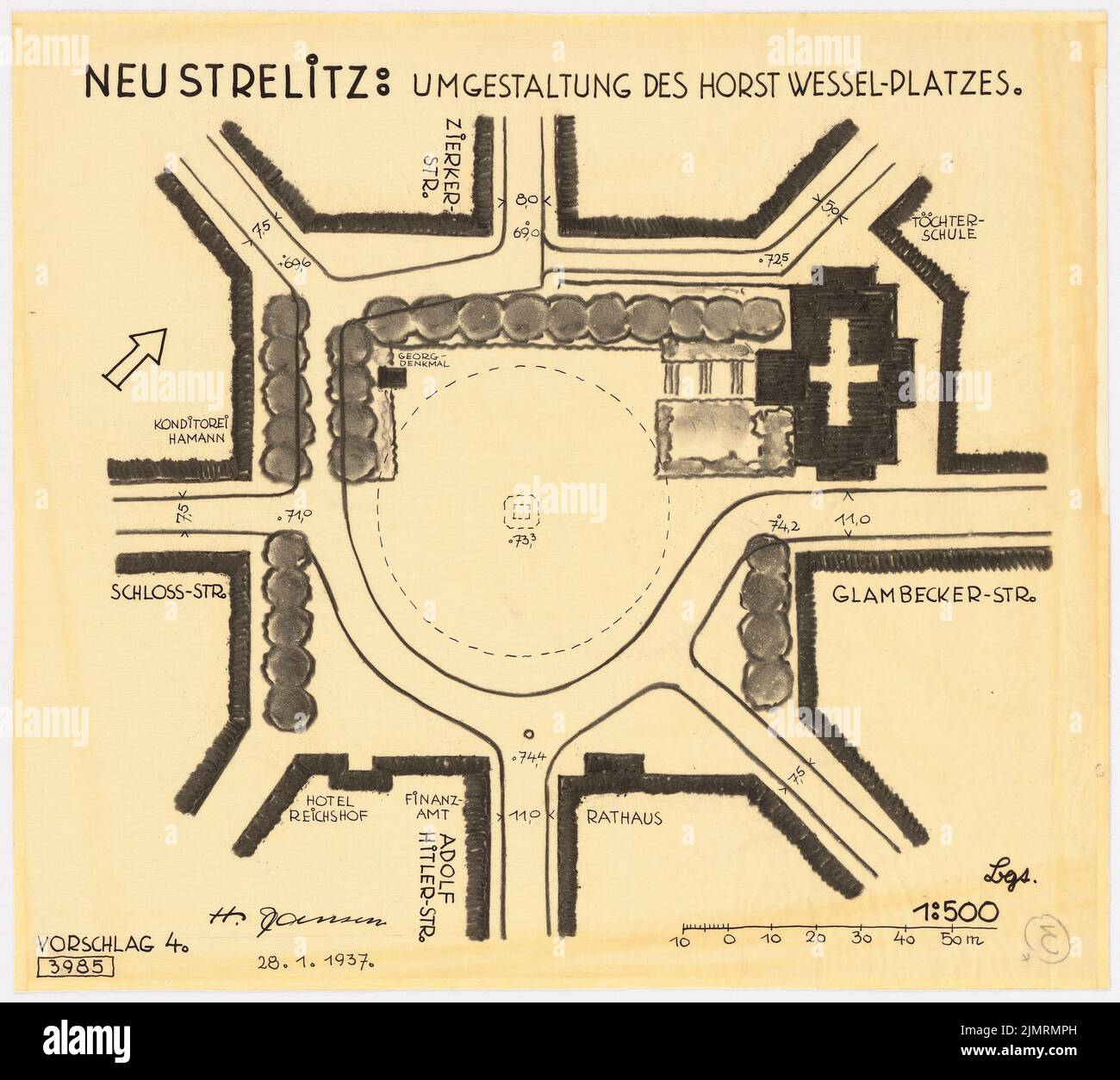 Jansen Hermann (1869-1945), riprogettazione della Horst-Wessel-Platz a Neustrelitz (28 gennaio 1937): Dipartimento 1: 500, suggerimento 4th inchiostro, carbone su trasparente, 44,9 x 50,1 cm (compresi i bordi di scansione) Jansen Hermann (1869-1945): Umgestaltung des Horst-Wessel-Platzes, Neustrelitz Foto Stock