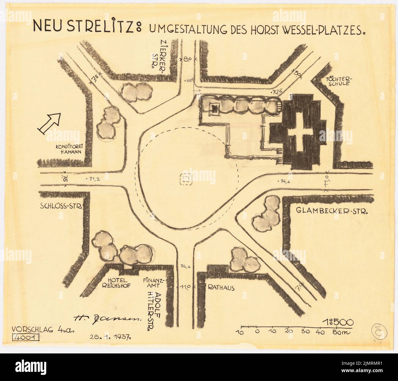 Jansen Hermann (1869-1945), riprogettazione della Horst-Wessel-Platz a Neustrelitz (28 gennaio 1937): Dipartimento 1: 500, proposta 4a. Inchiostro, carbone su trasparente, 44,7 x 50,3 cm (compresi i bordi di scansione) Jansen Hermann (1869-1945): Umgestaltung des Horst-Wessel-Platzes, Neustrelitz Foto Stock