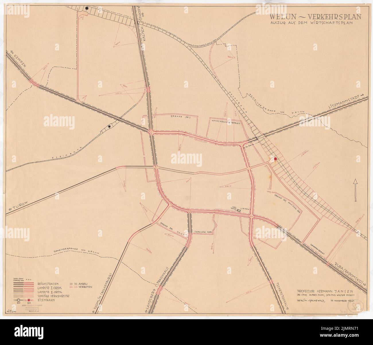 Jansen Hermann (1869-1945), General Development Plan Welun (15 novembre 1941): Piano di traffico ed estratto dal piano di business 1: 5000. Inchiostro colorato su trasparente, 77,7 x 90,7 cm (compresi i bordi di scansione) Jansen Hermann (1869-1945): Generalbebauungsplan Welun Foto Stock