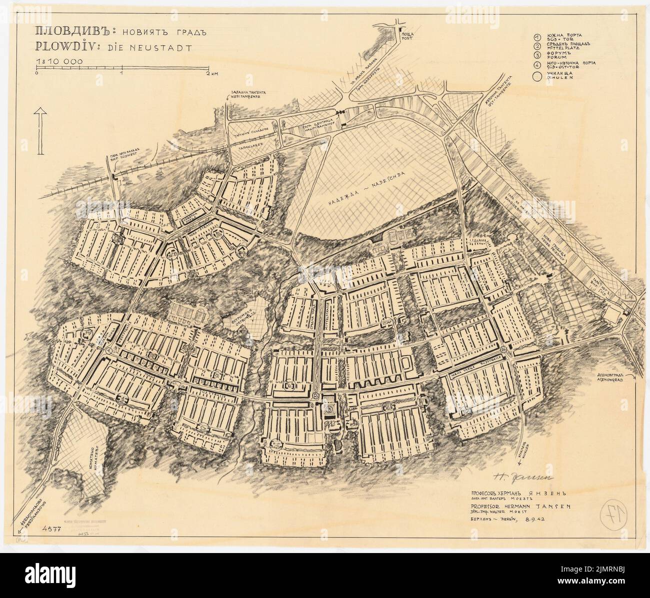 Jansen Hermann (1869-1945), Plowdiw (08.09.1942): Panoramica e piano di zona della Neustadt 1: 10000. Carbone e matita su trasparente, 63,7 x 74,8 cm (compresi i bordi di scansione) Jansen Hermann (1869-1945): Planung für Plowdiw Foto Stock