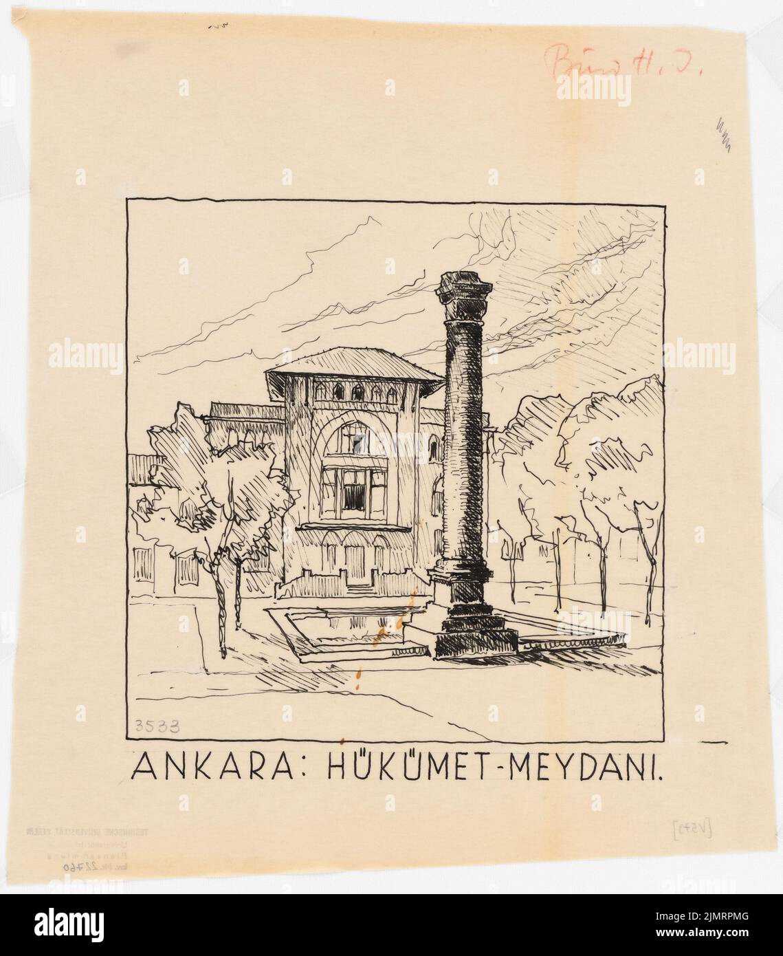 Jansen Hermann (1869-1945), piano di sviluppo totale di Ankara. Piano di sviluppo parziale Altstadt (1928-1928): Vista perspectica del monumento a colonna con vista agli edifici del Ministero delle Finanze, Meydani. Inchiostro su trasparente, 35,5 x 31,1 cm (compresi i bordi di scansione) Jansen Hermann (1869-1945): Gesamtbebauungsplan Ankara. Teilbauungsplan Altstadt Foto Stock