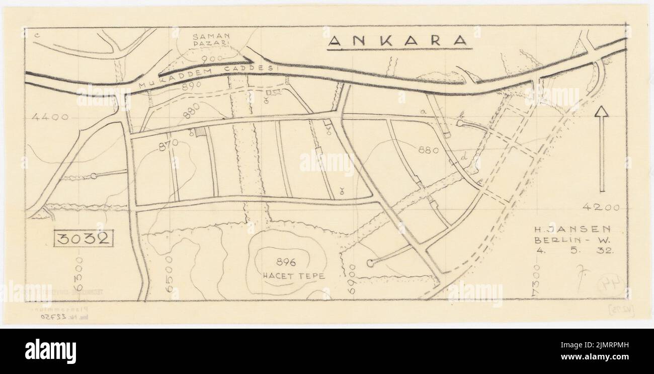 Jansen Hermann (1869-1945), piano di sviluppo totale di Ankara. Piano di sviluppo parziale Altstadt (04.05.1932): Piano generale 1: 4000, centro storico tra la strada d.. Mukaddem C. e Hacet Tepe. Bleisite su trasparente, 18 x 35,7 cm (compresi i bordi di scansione) Jansen Hermann (1869-1945): Gesamtbebauungsplan Ankara. Teilbauungsplan Altstadt Foto Stock