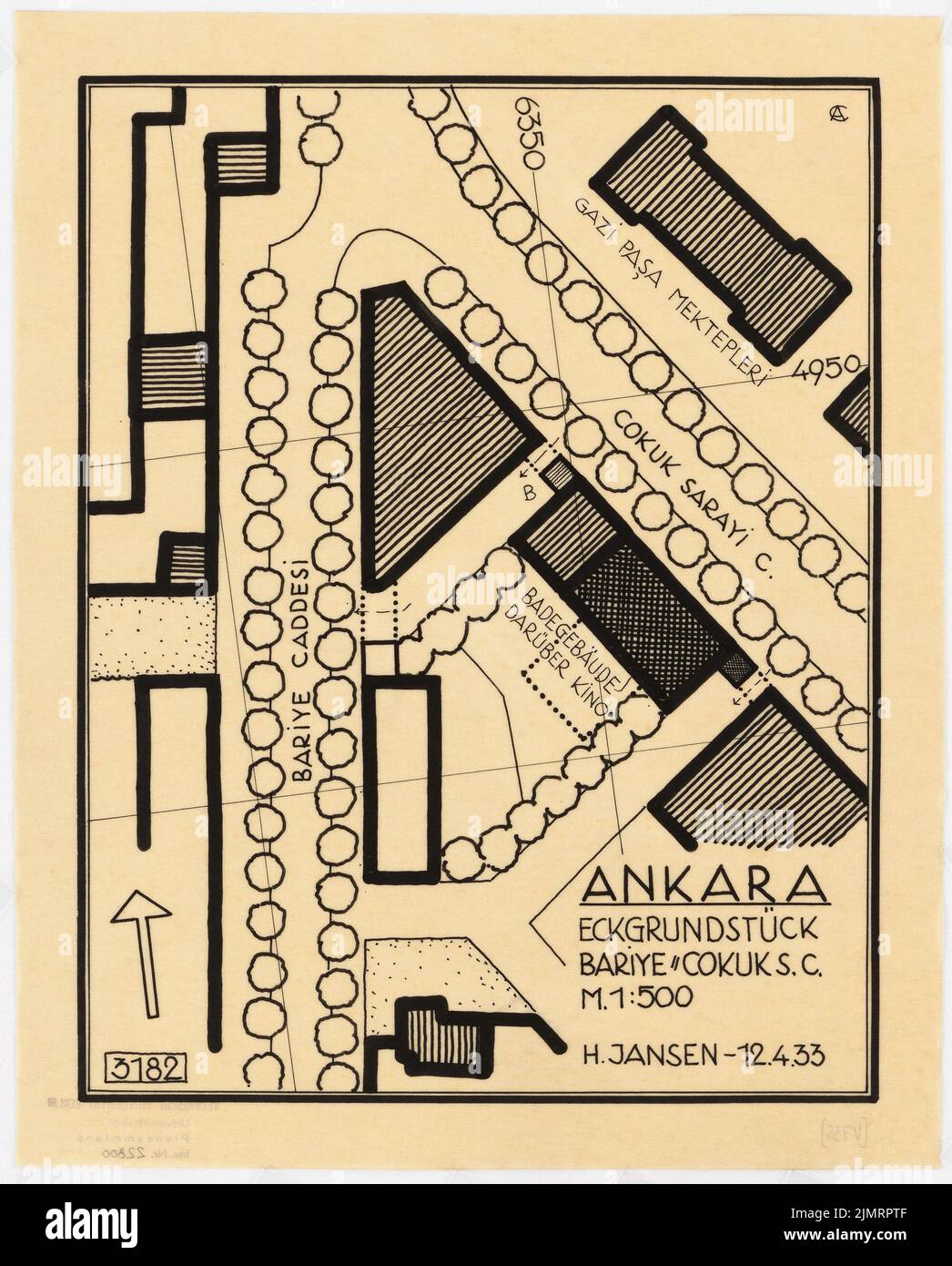 Jansen Hermann (1869-1945), piano di sviluppo totale di Ankara. Piano di sviluppo parziale centro città (12 aprile 1933): Piano dipendente 1: 500, piscina e cinema sul Cocuk Sarayi C .. Tusche su trasparente, 33,5 x 26,9 cm (compresi i bordi di scansione) Jansen Hermann (1869-1945): Gesamtbebauungsplan Ankara. Teilbebauungsplan innere Stadt Foto Stock