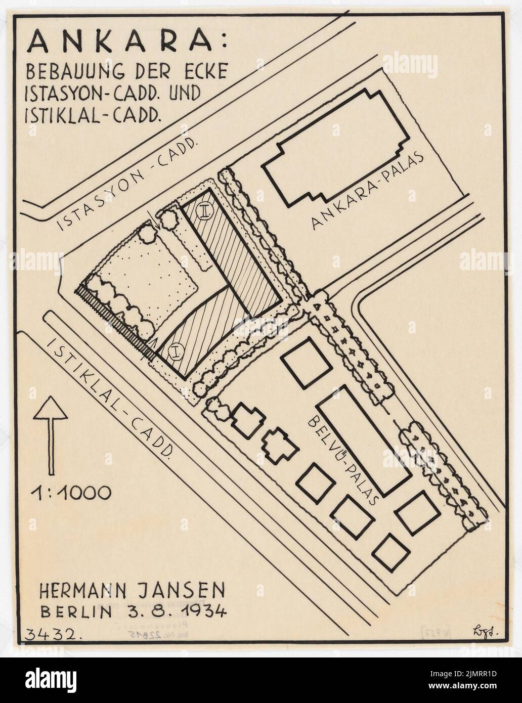 Jansen Hermann (1869-1945), piano di sviluppo totale di Ankara. Piano di sviluppo parziale città interna (03.08.1934): Piano di Grund e del sito 1: 1000 sviluppo Istasasasyon Caddesi, Istiklal Caddesi. Inchiostro su trasparente, 29,6 x 23,5 cm (compresi i bordi di scansione) Jansen Hermann (1869-1945): Gesamtbebauungsplan Ankara. Teilbebauungsplan innere Stadt Foto Stock