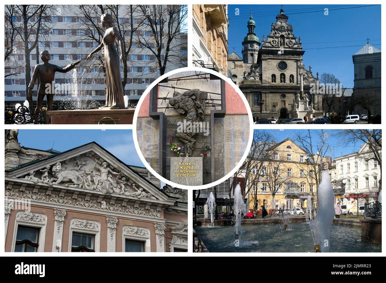 La graziosa città Ucraina di Lviv con le sue chiese e palazzi nel piccolo centro storico, che si riferiscono a suggestive e romantiche atmosfere Foto Stock