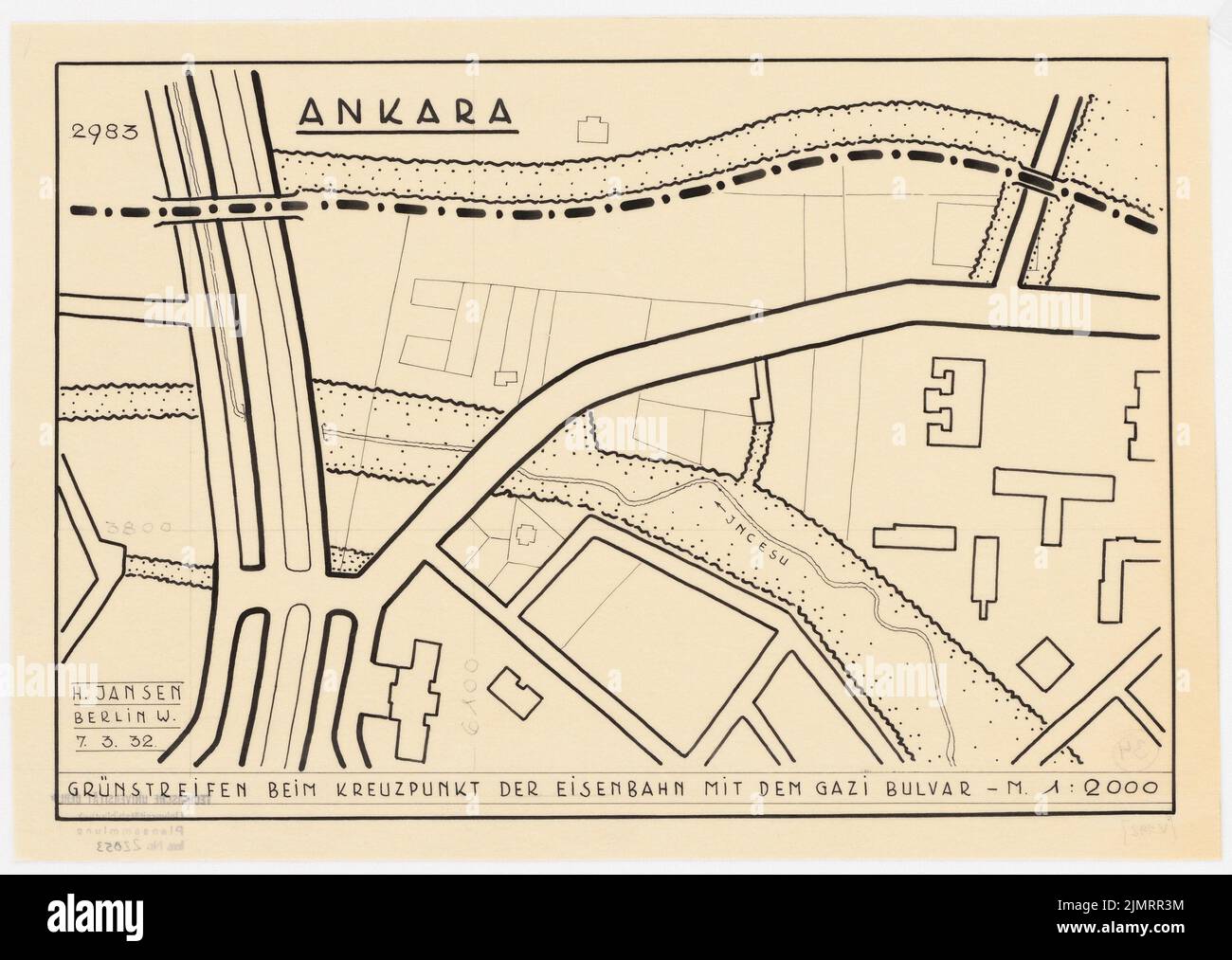 Jansen Hermann (1869-1945), piano di sviluppo totale di Ankara. Piano di sviluppo parziale esterno (07.03.1932): Piano di base 1: 2000, area ad est di Gazi Mustafa Kemal Caddesi. Inchiostro su trasparente, 26,1 x 36,7 cm (compresi i bordi di scansione) Jansen Hermann (1869-1945): Gesamtbebauungsplan Ankara. Teilbebauungsplan Äußere Stadt Foto Stock