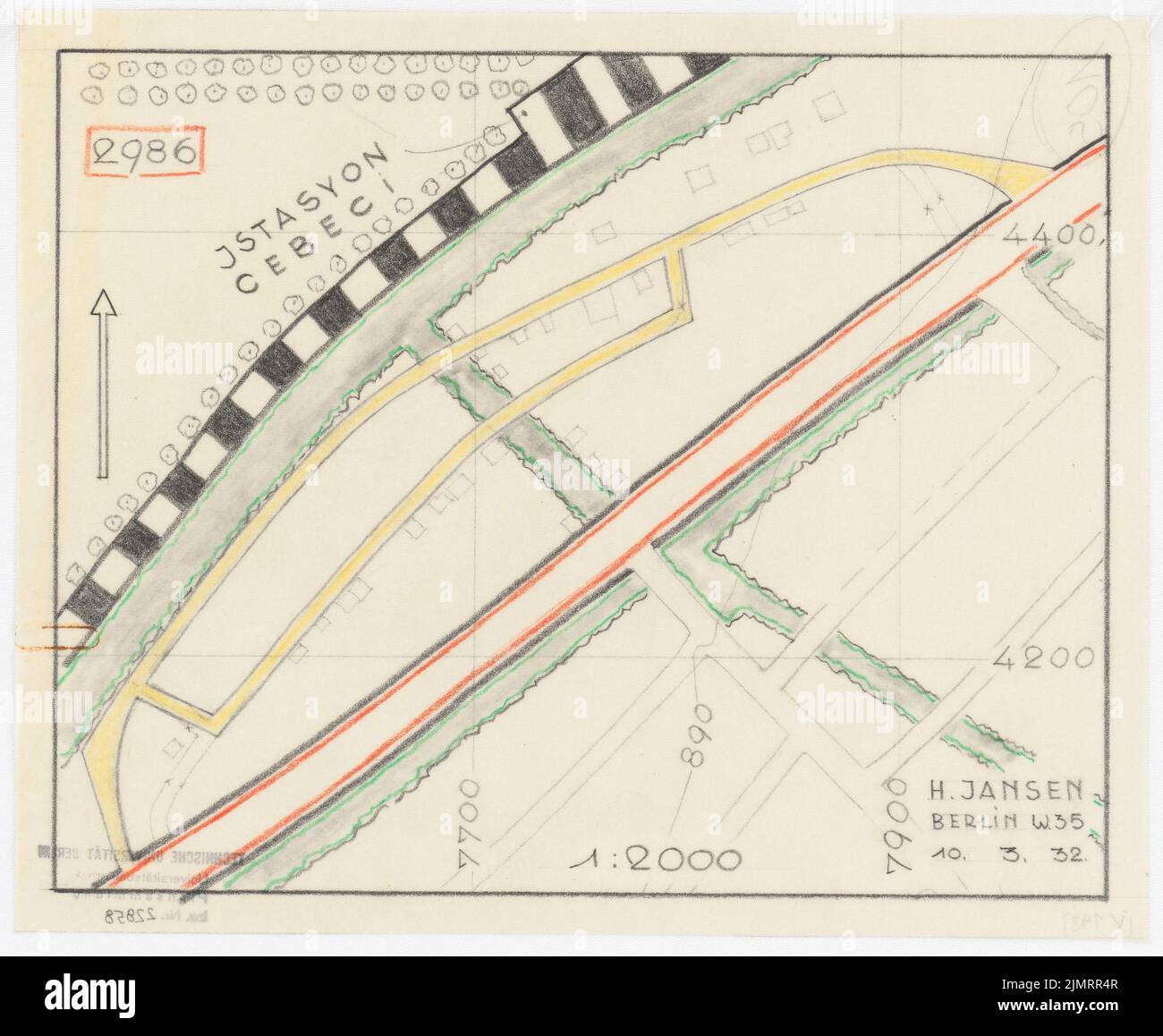 Jansen Hermann (1869-1945), piano di sviluppo totale di Ankara. Piano di sviluppo parziale esterno (10.03.1932): Piano di base 1: 2000, Cebeci (sobborgo sudorientale). Matita e matita colorata su trasparente, 22,5 x 27,4 cm (compresi i bordi di scansione) Jansen Hermann (1869-1945): Gesamtbebauungsplan Ankara. Teilbebauungsplan Äußere Stadt Foto Stock