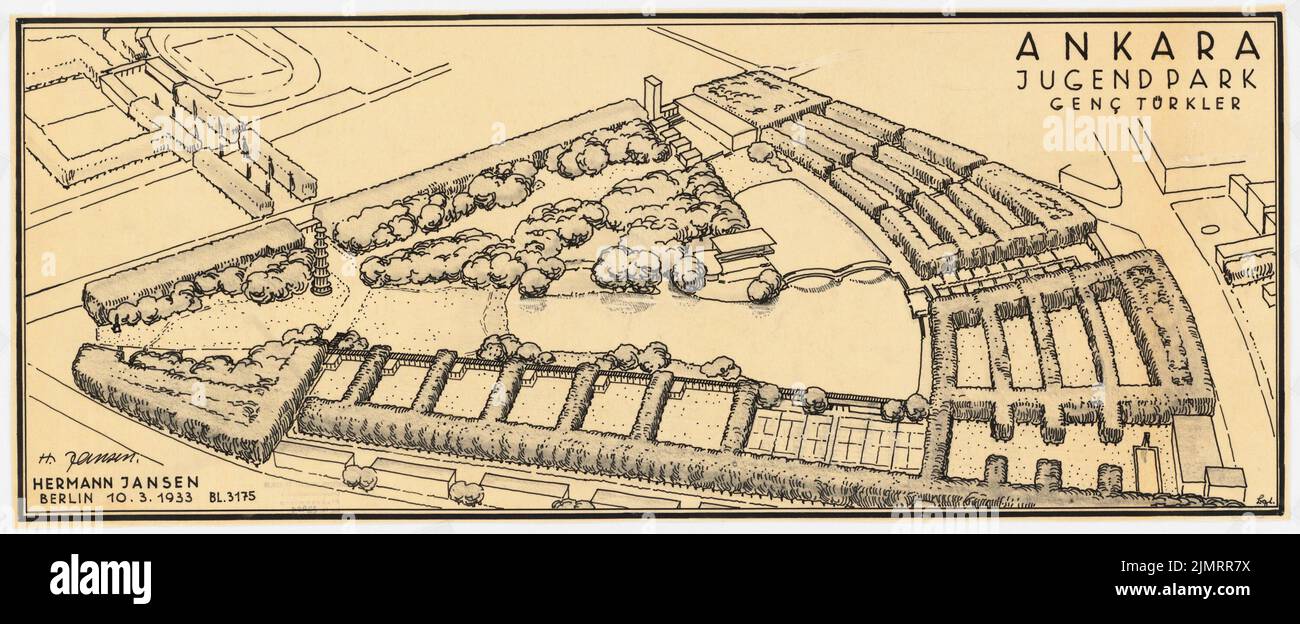 Jansen Hermann (1869-1945), piano di sviluppo totale di Ankara. Piano di sviluppo parziale parco della gioventù (10.03.1933): Vista prospettiva (spettacolo di uccelli) parco della gioventù dal sud. Inchiostro e matita su trasparente, 28,6 x 69,6 cm (compresi i bordi di scansione) Jansen Hermann (1869-1945): Gesamtbebauungsplan Ankara. Teilbebauungsplan Jugendpark Foto Stock