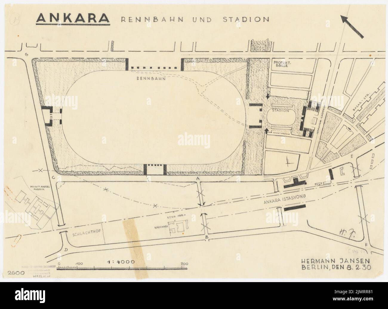 Jansen Hermann (1869-1945), piano di sviluppo totale di Ankara. Piano di sviluppo parziale stadio e circuito (8th febbraio 1930): Piano di Grund e del sito 1: 4000. Matita su trasparente, 40 x 55,1 cm (compresi i bordi di scansione) Jansen Hermann (1869-1945): Gesamtbebauungsplan Ankara. Teilbauungsplan Stadion und Rennbahn Foto Stock